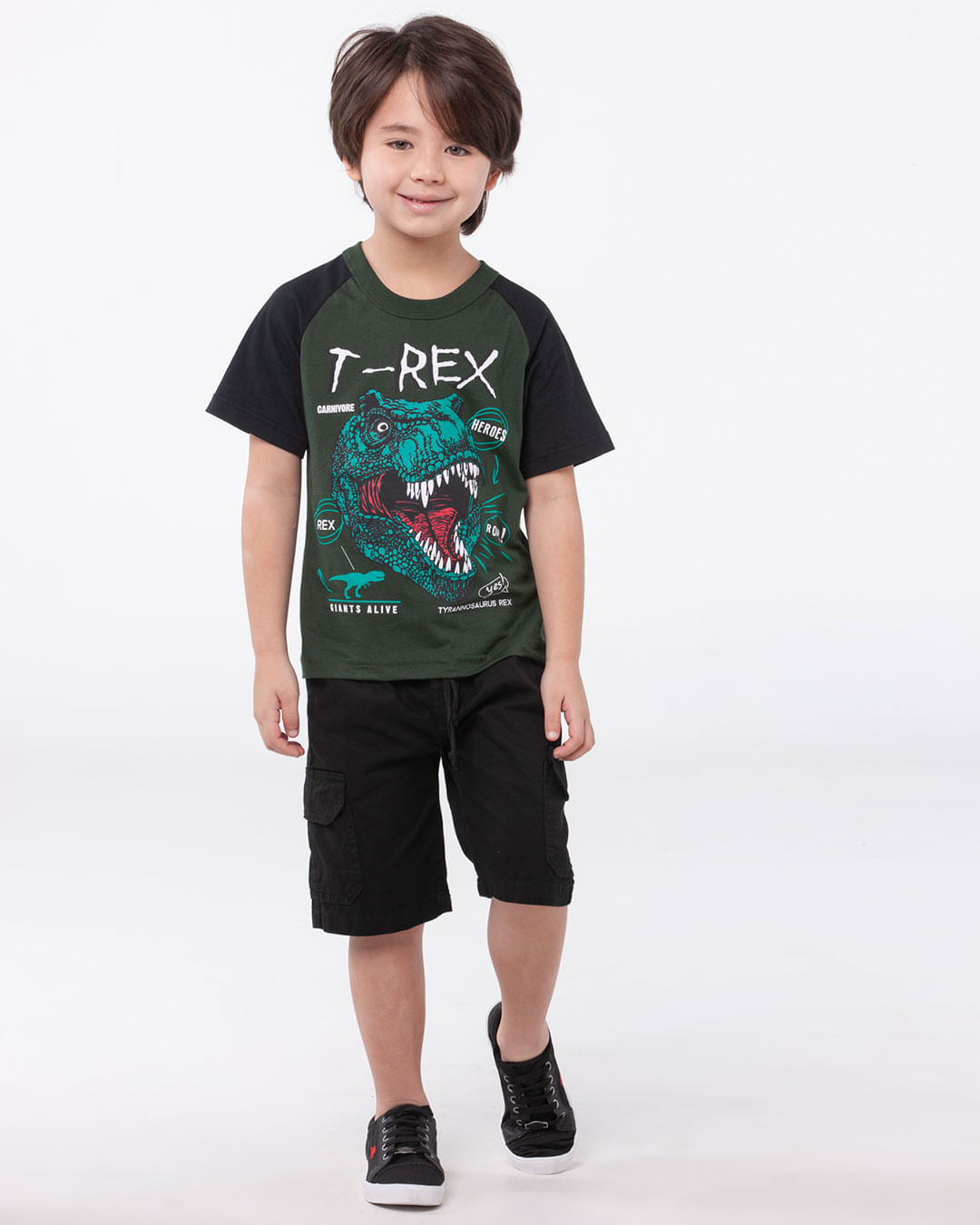 Camiseta-Infantil-Malha-Manga-Curta-Raglan-Dinossauro-T-Rex-Verde