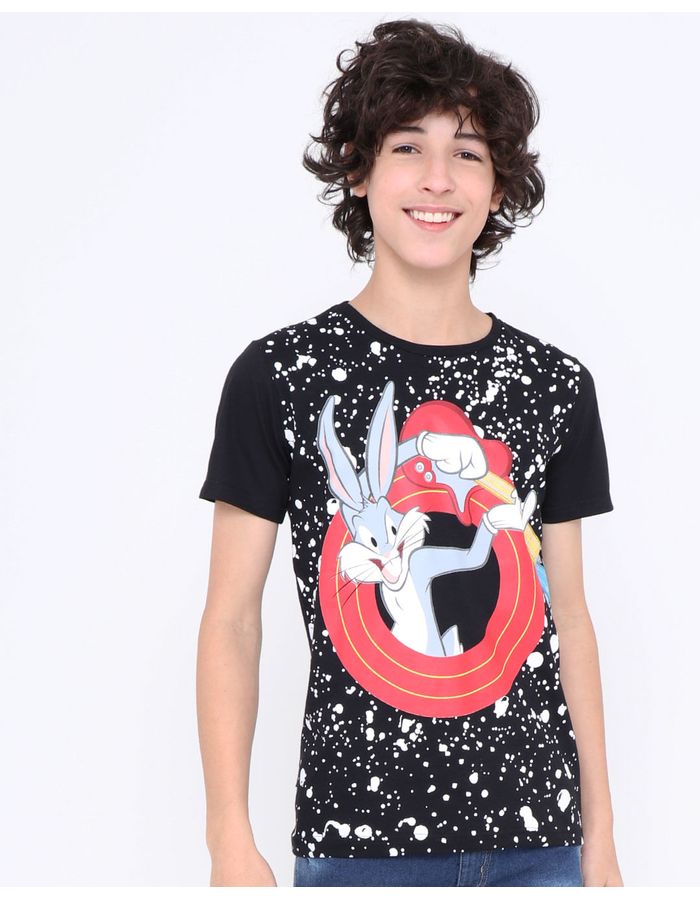 Camiseta-juvenil-manga-curta-rajada-Pernalonga-Looney-Tunes-preta