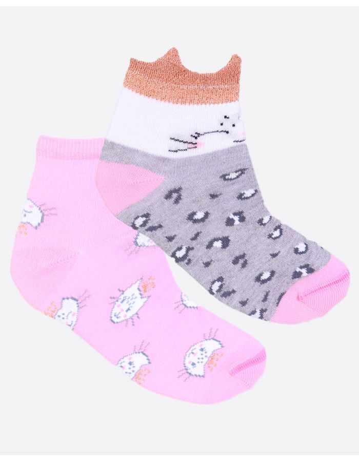 Kit-Meia-Infantil-2-Pares-Cano-Curto-Gatinho-Cinza-Rosa