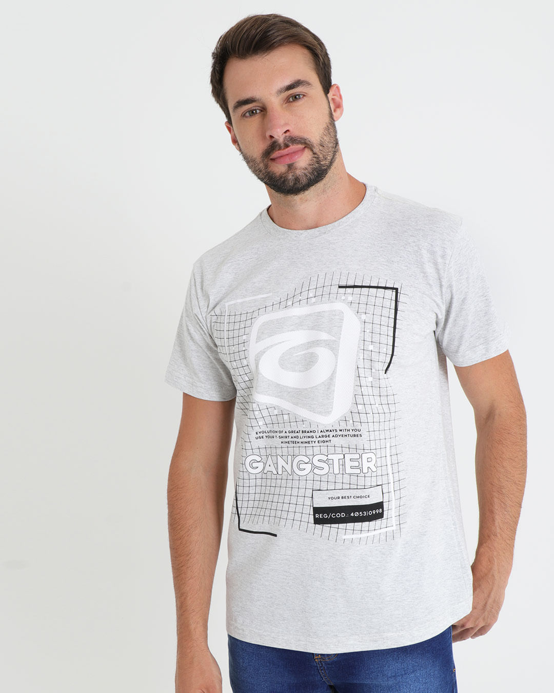 Camiseta-Masculina-Manga-Curta-Estampada-Gangster-Cinza-Claro
