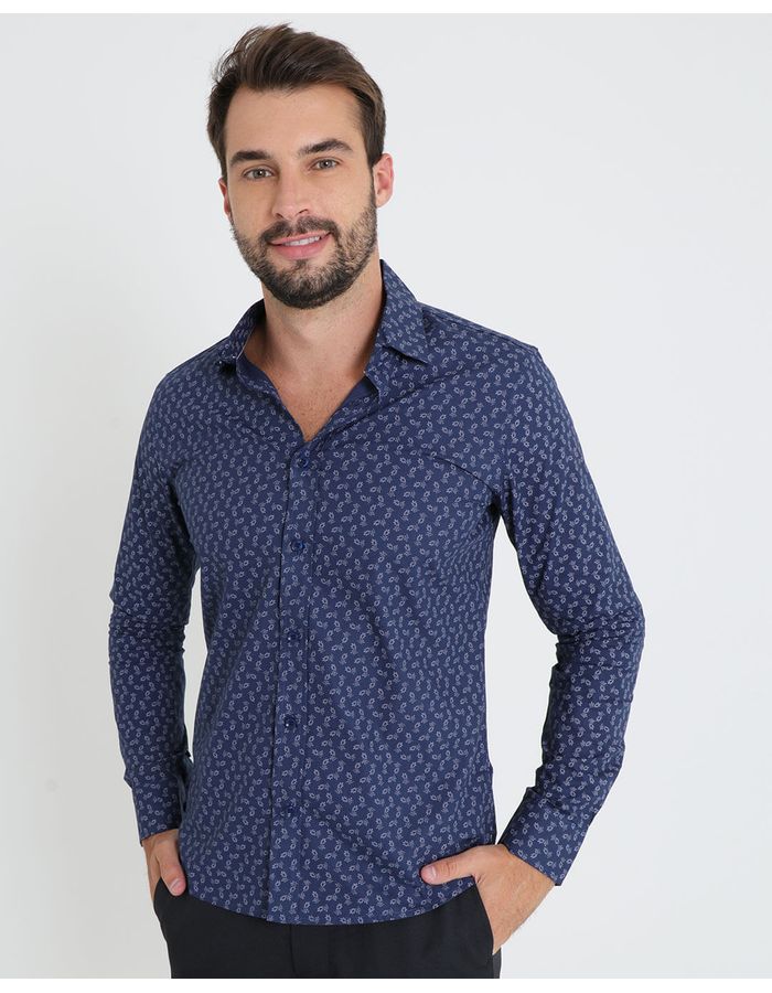 Camisa-Social-Masculina-Manga-Longa-Estampada-Azul