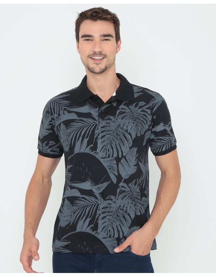 Polo-Masculina-Floral-Preta