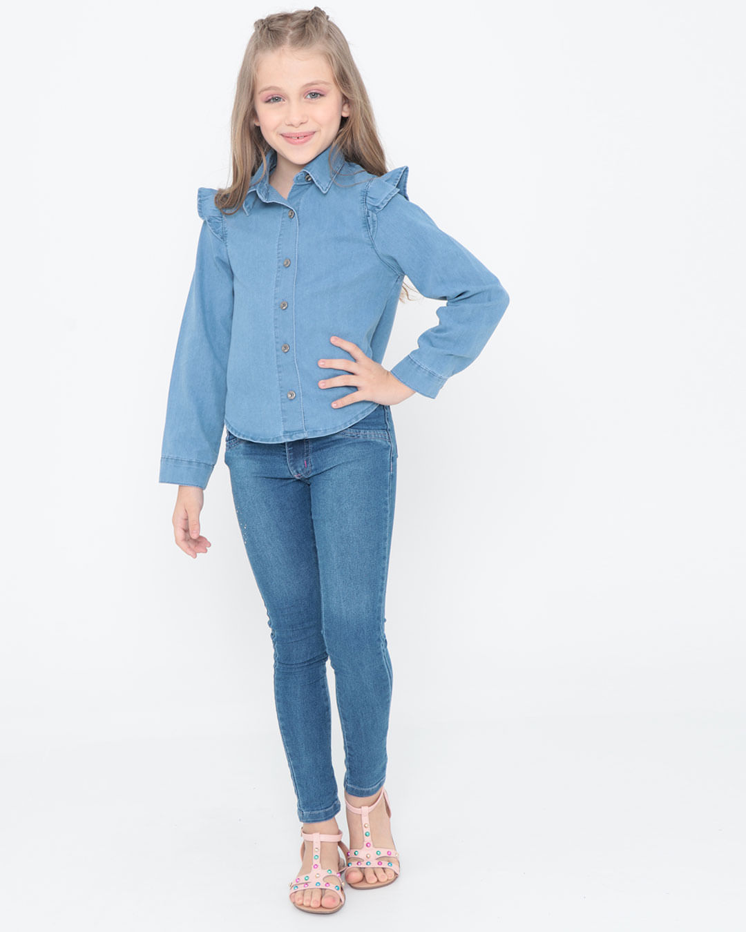 Camisa-Infantil-Jeans-Manga-Longa-Babados-Azul