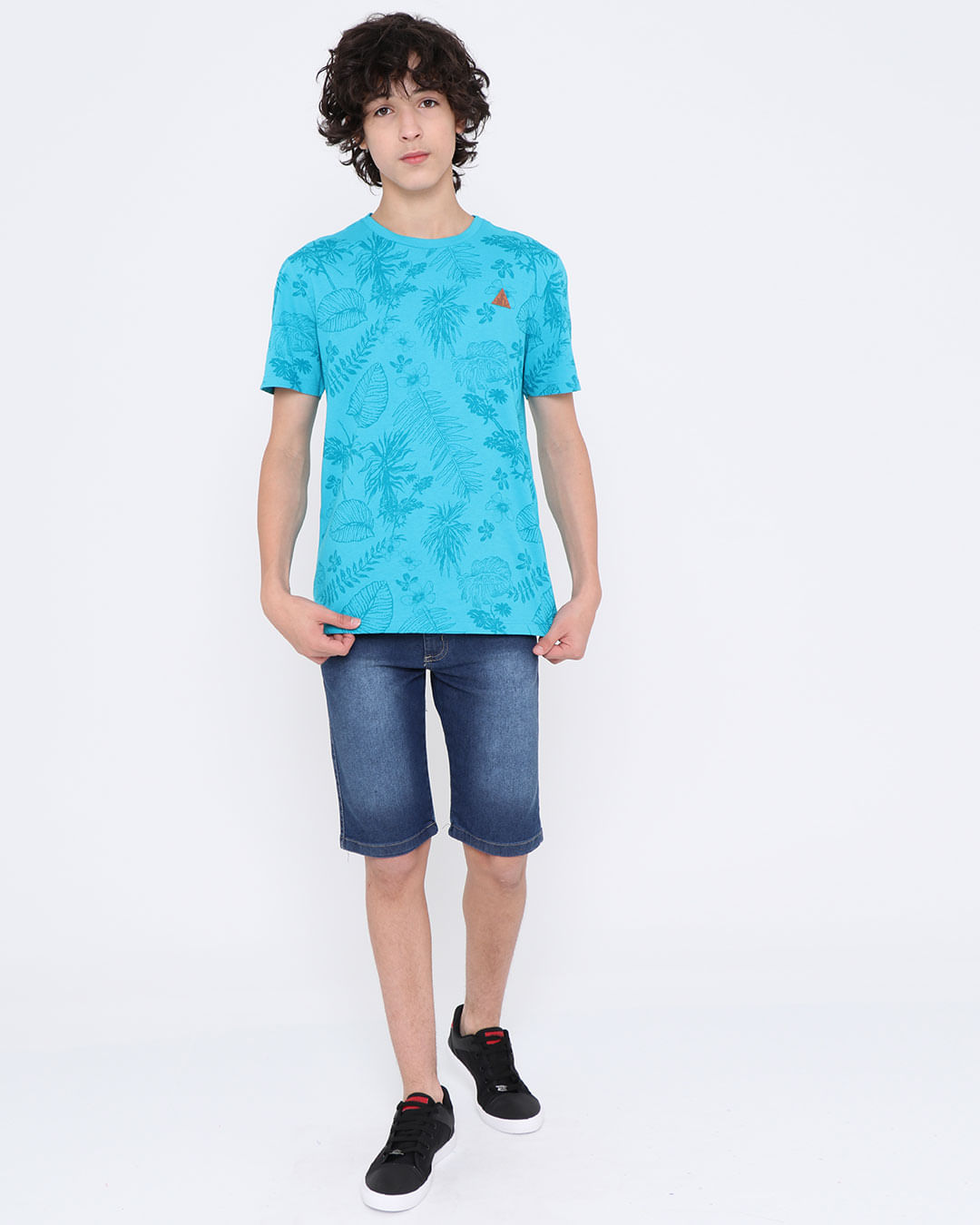 Camiseta-Juvenil-Manga-Curta-Estampa-Floral-Kamylus-Azul