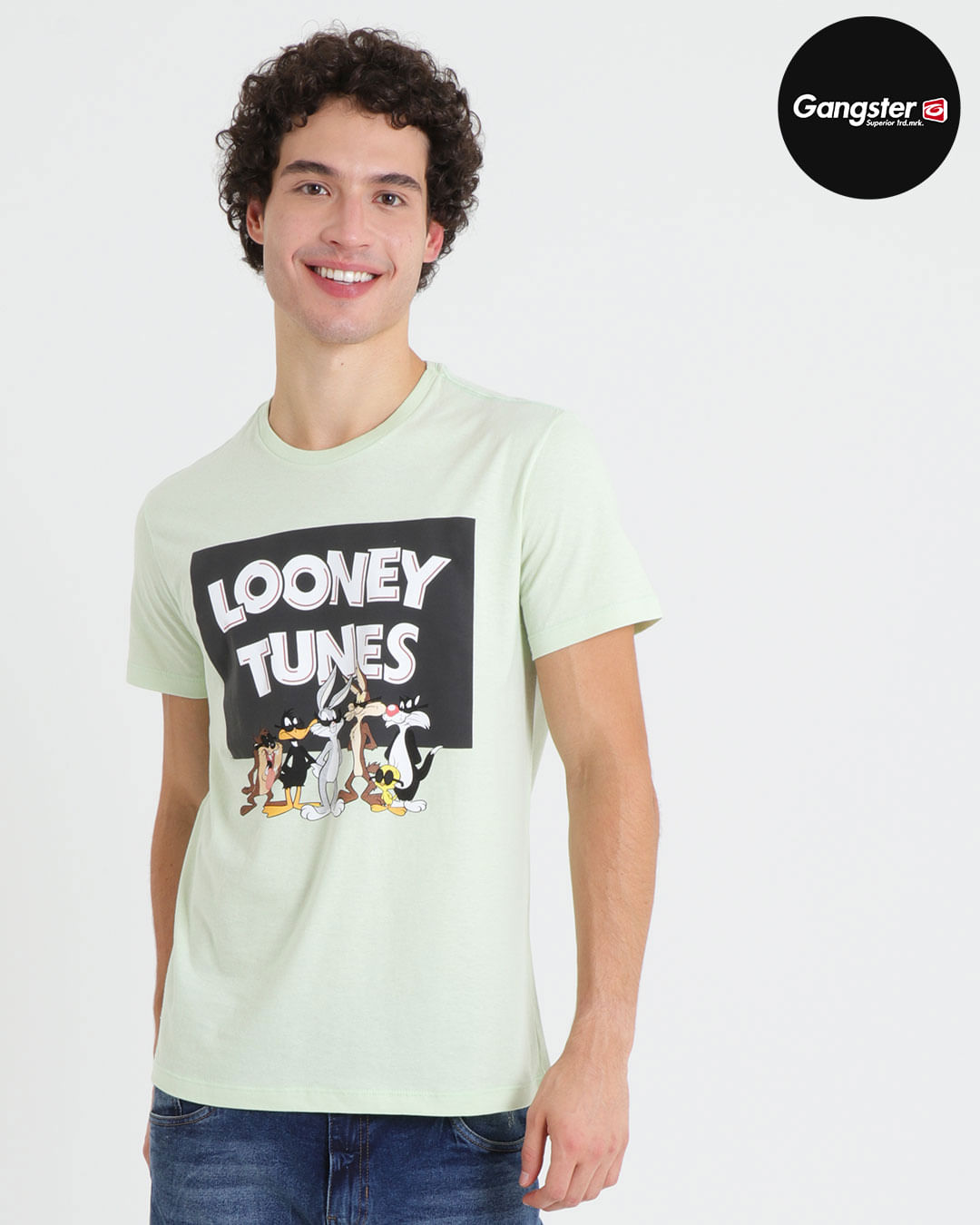 Camiseta-Masculina-Manga-Curta-Turma-Do-Pernalonga-Looney-Tunes-Verde-Claro