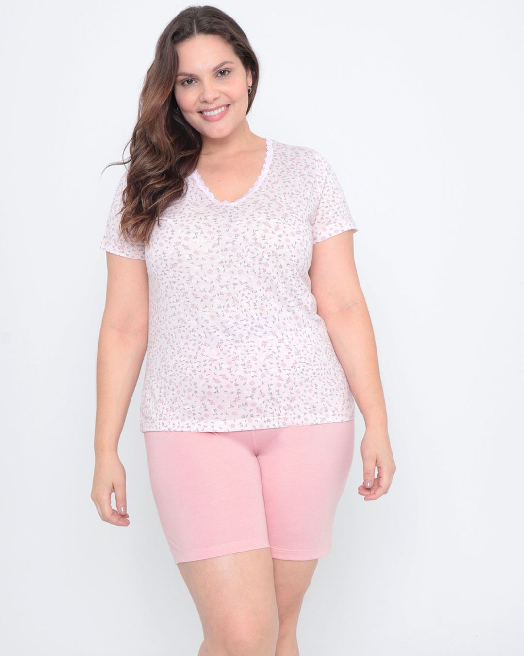 Pijama-Plus-Size-Short-Doll-Floral-Rosa-Claro