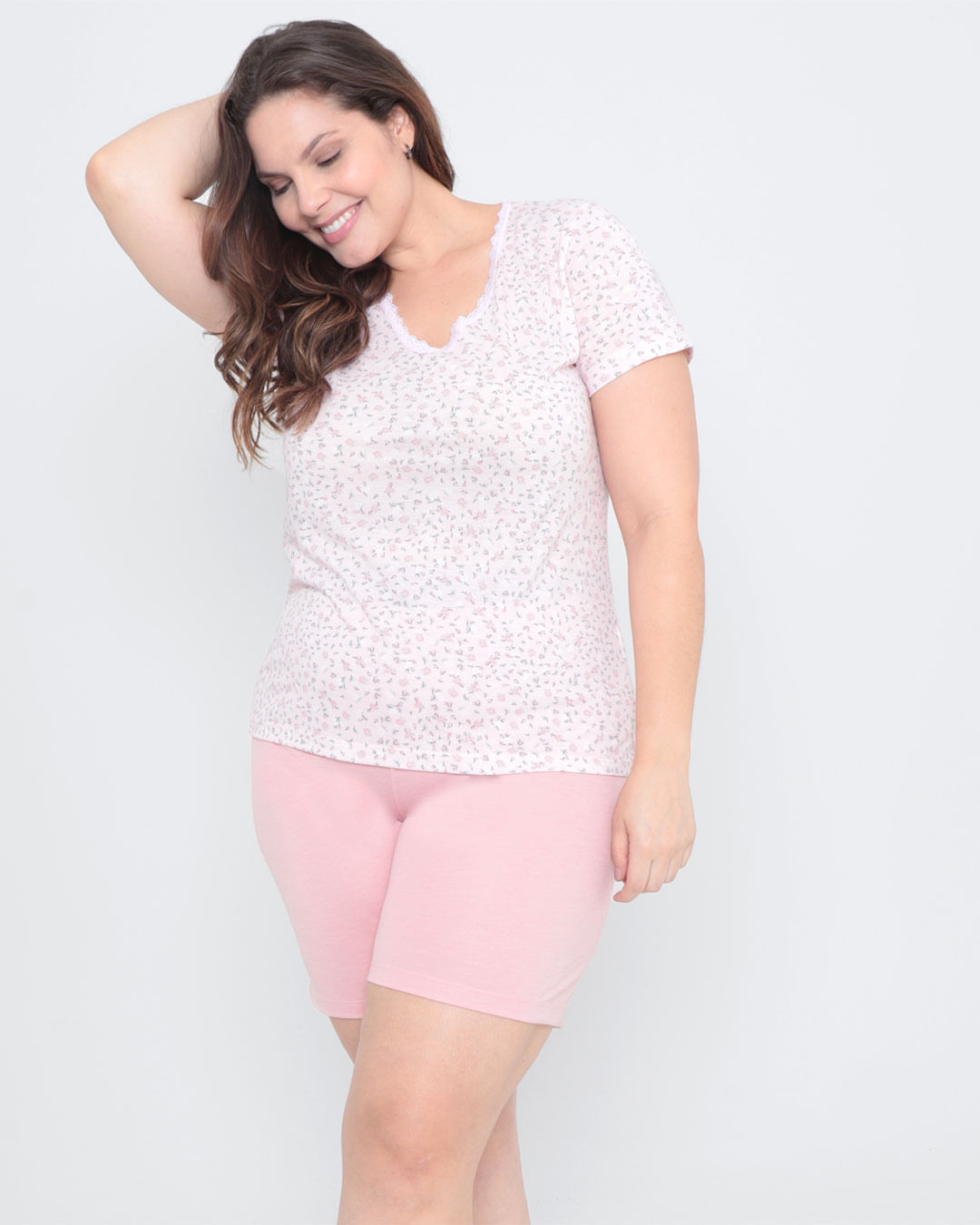 Pijama-Plus-Size-Short-Doll-Floral-Rosa-Claro