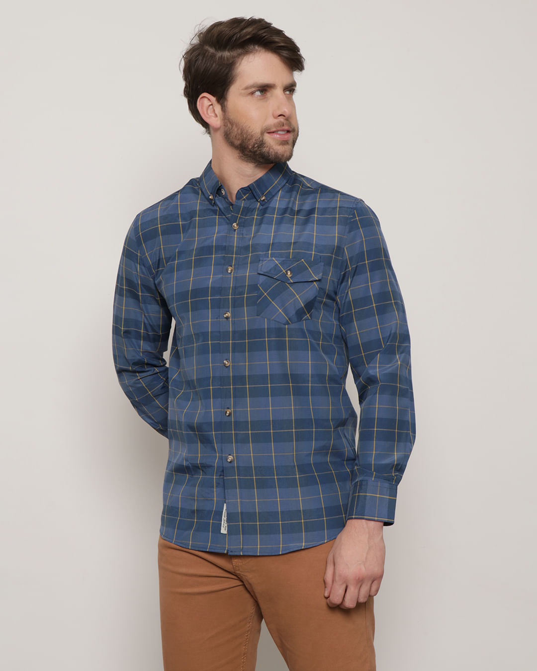 Camisa-Masculina-com-Bolso-Slim-Fit-Xadrez-Azul