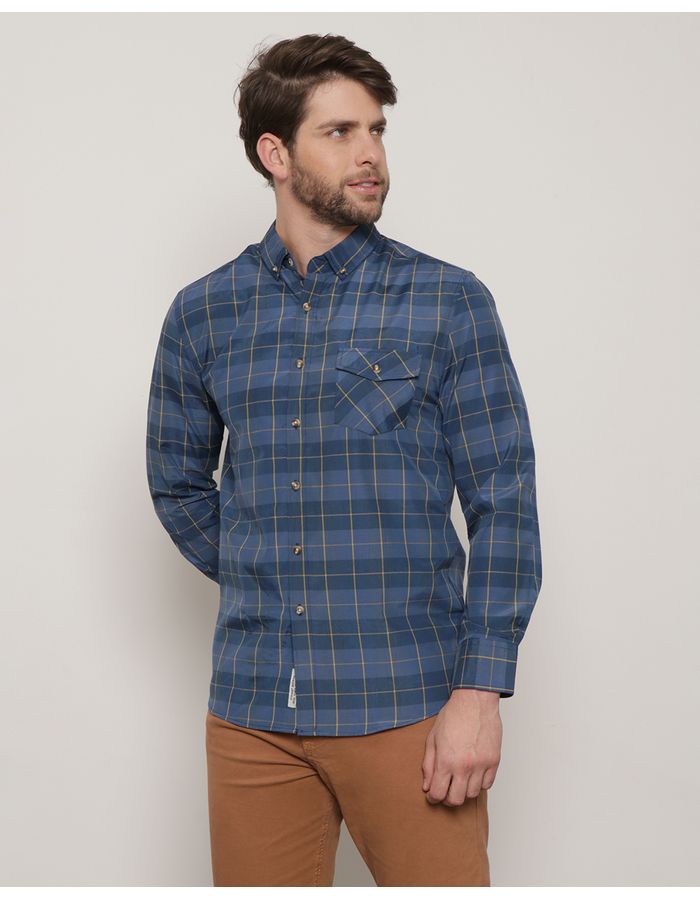 Camisa-Masculina-com-Bolso-Slim-Fit-Xadrez-Azul