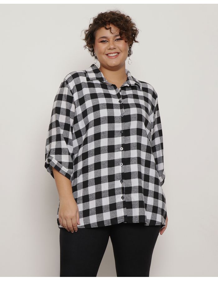 Camisa-Plus-Size-Feminina-Manga-3-4-Xadrez-Preta