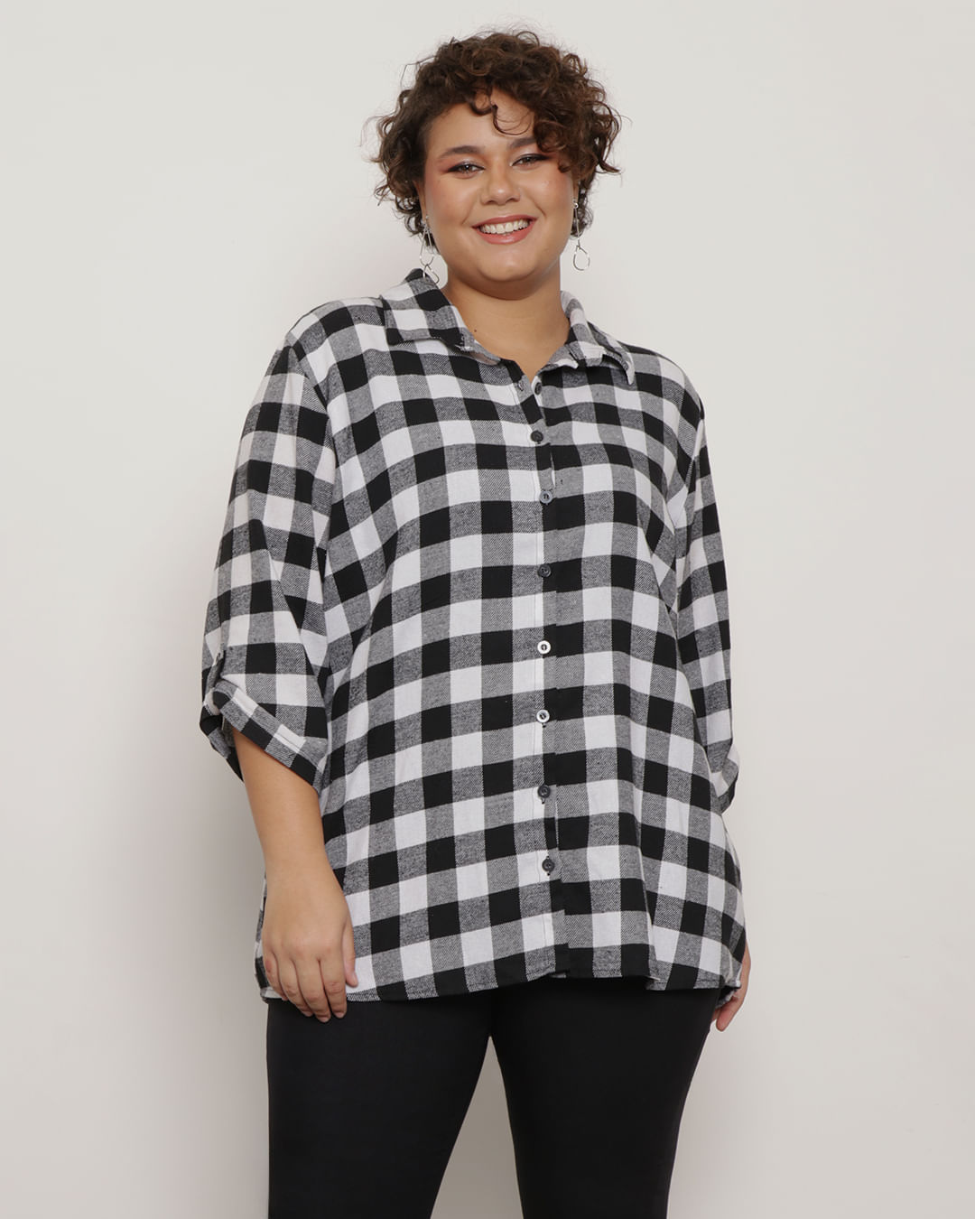 Camisa-Plus-Size-Feminina-Manga-3-4-Xadrez-Preta