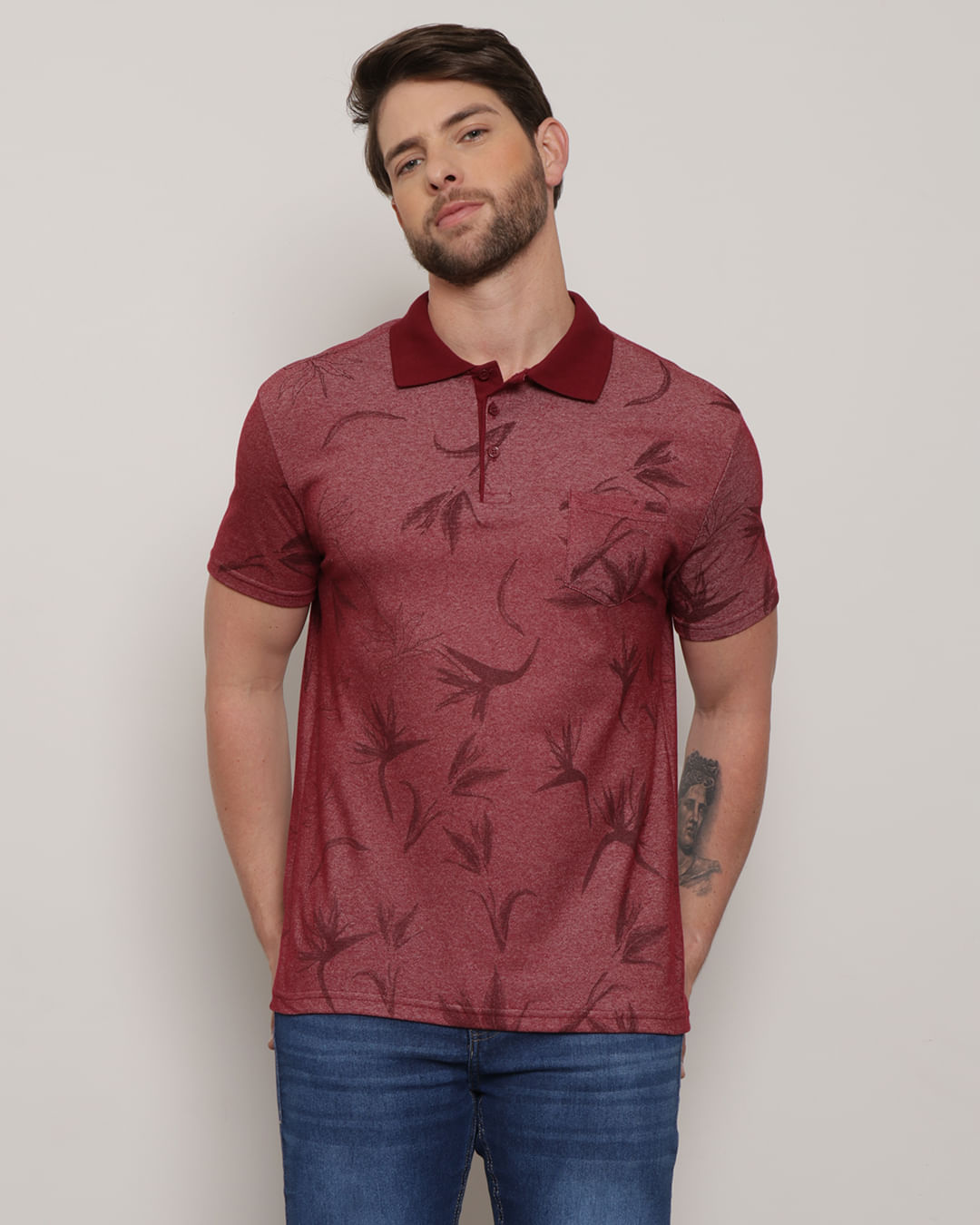 Polo-Masculina-Piquet-Manga-Curta-Estampado-Vermelho