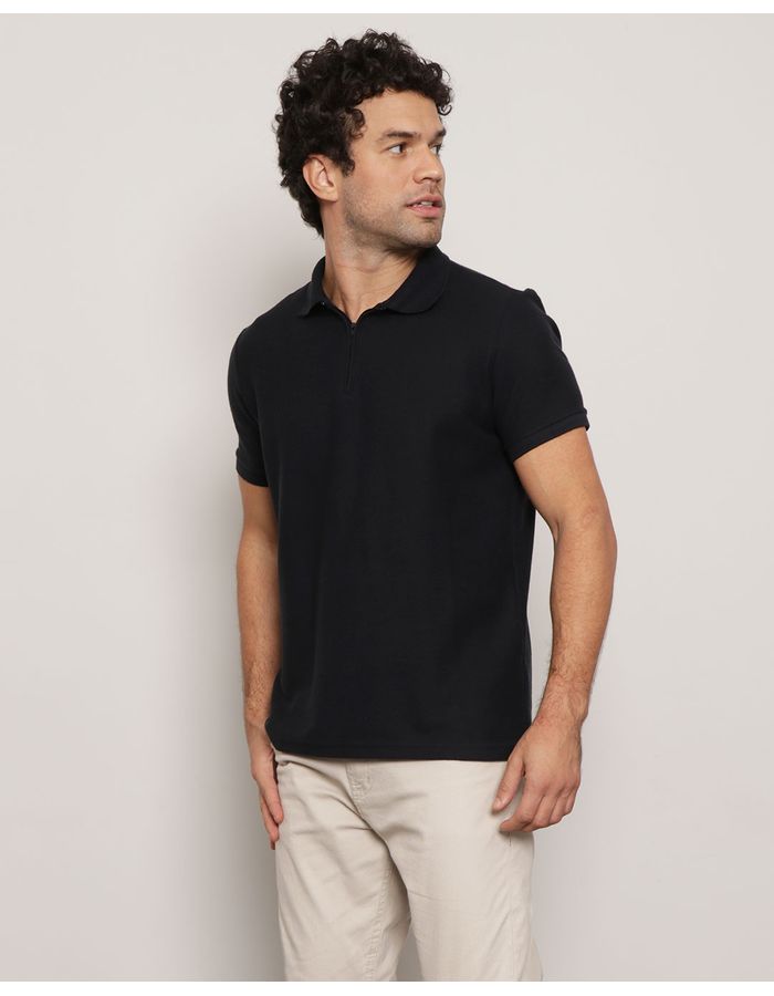 Polo-Masculina-Piquet-Manga-Curta-Gola-Ziper-Preta-