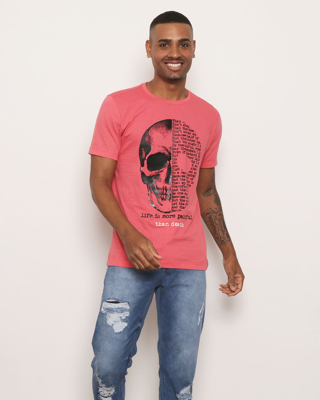 Camiseta-Masculina-Botone-Estampa-Caveira-Rosa