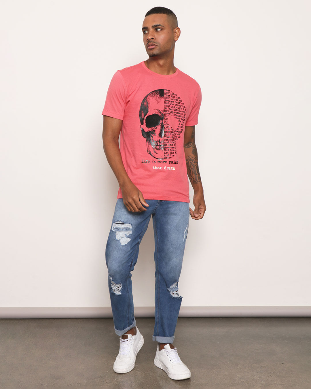 Camiseta-Masculina-Botone-Estampa-Caveira-Rosa