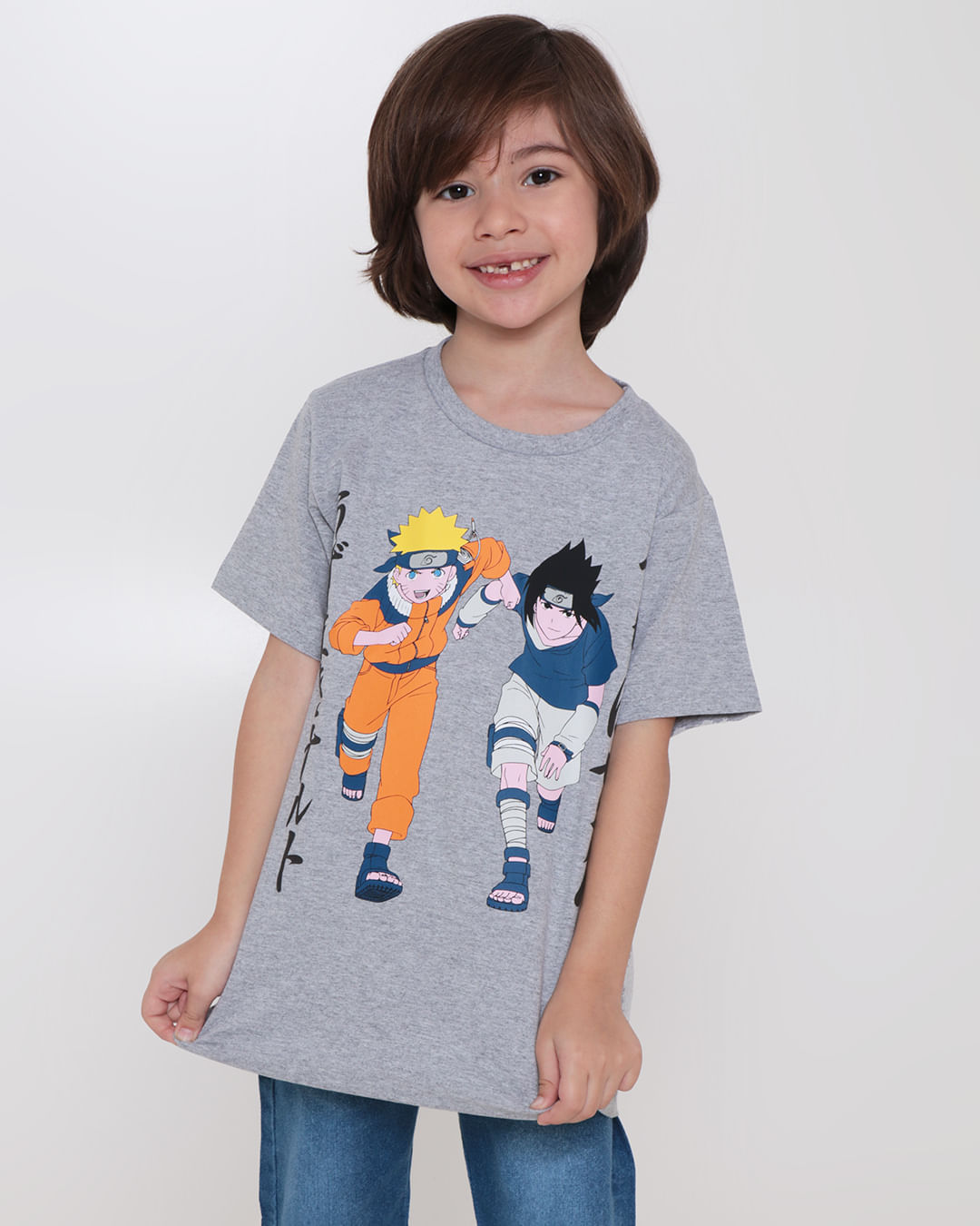 Camiseta Infantil Manga Curta Estampa Naruto Cinza