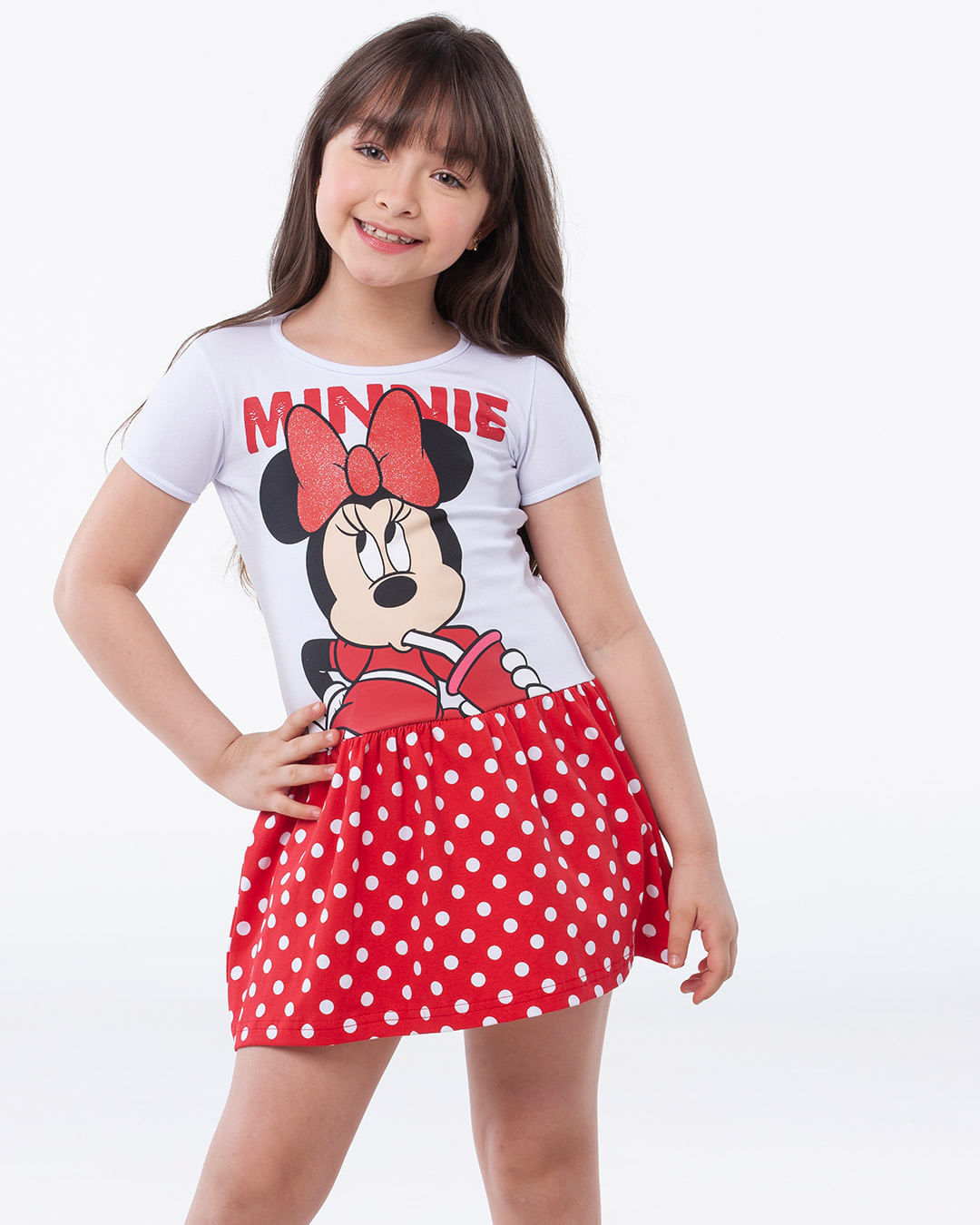 Vestido-Infantil-Manga-Curta-Minnie-Disney-Poa-Branco
