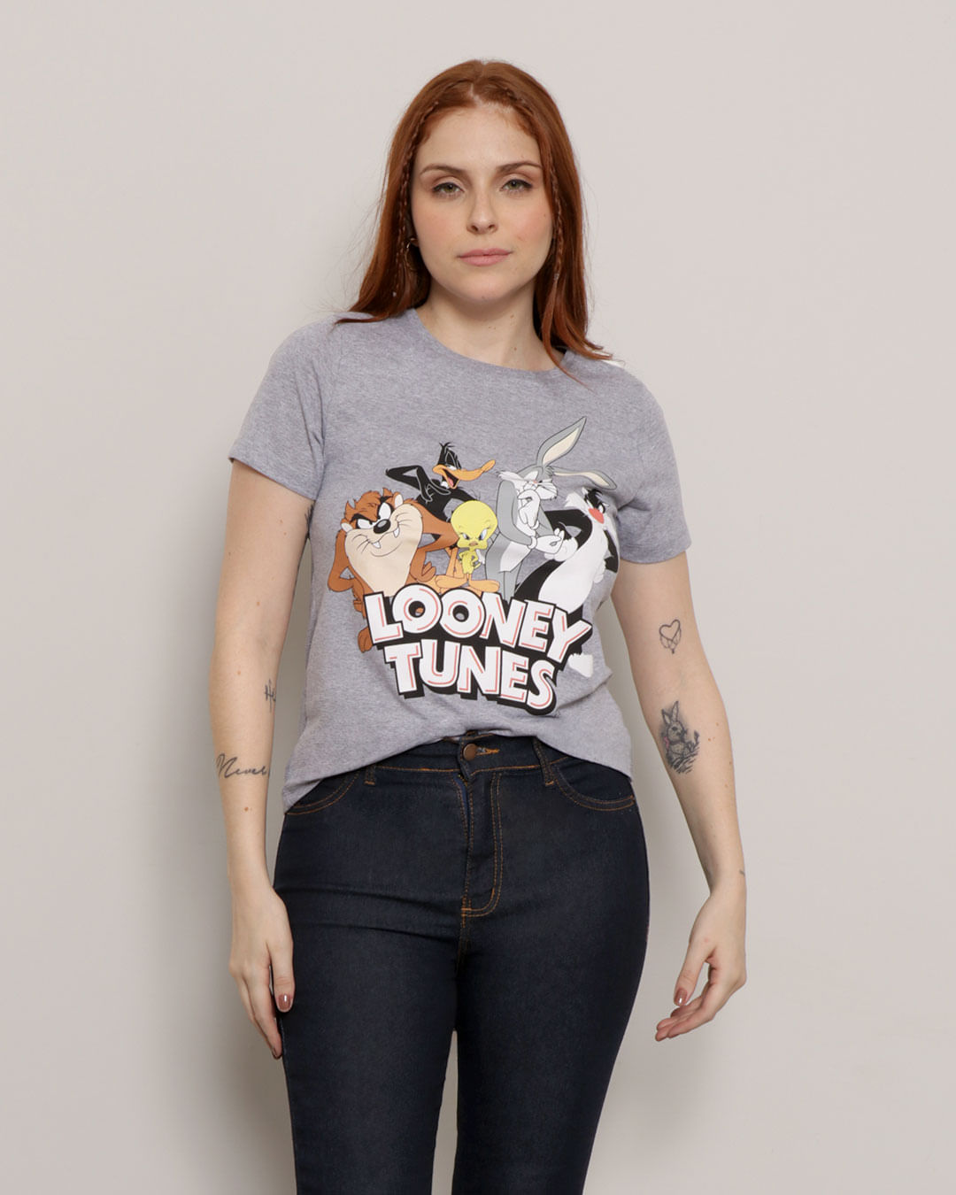 Camiseta-Feminina-Manga-Curta-Warner-Looney-Tunes-Mescla-Cinza