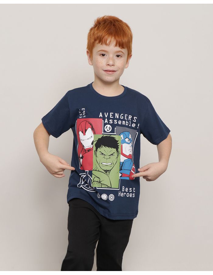 Camiseta-Infantil-Manga-Cruta-Estampa-Os-Vingadores-Marvel-Marinho