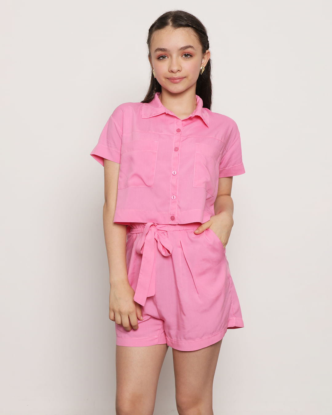 Camisa Juvenil Cropped Manga Curta Viscose Bolsos Frontais Rosa