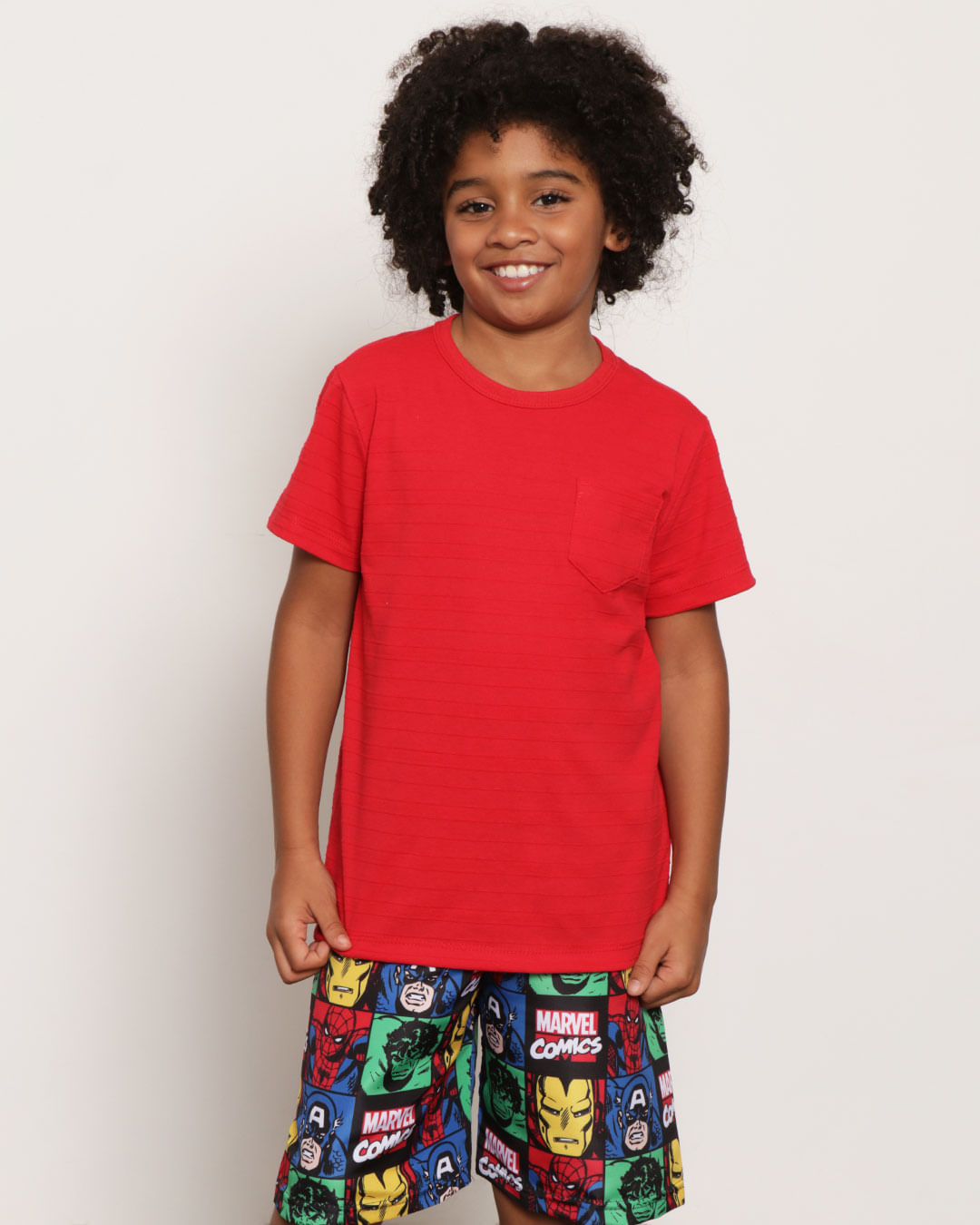 Camiseta Infantil Manga Curta Texturizada Bolso Único Frontal Vermelha