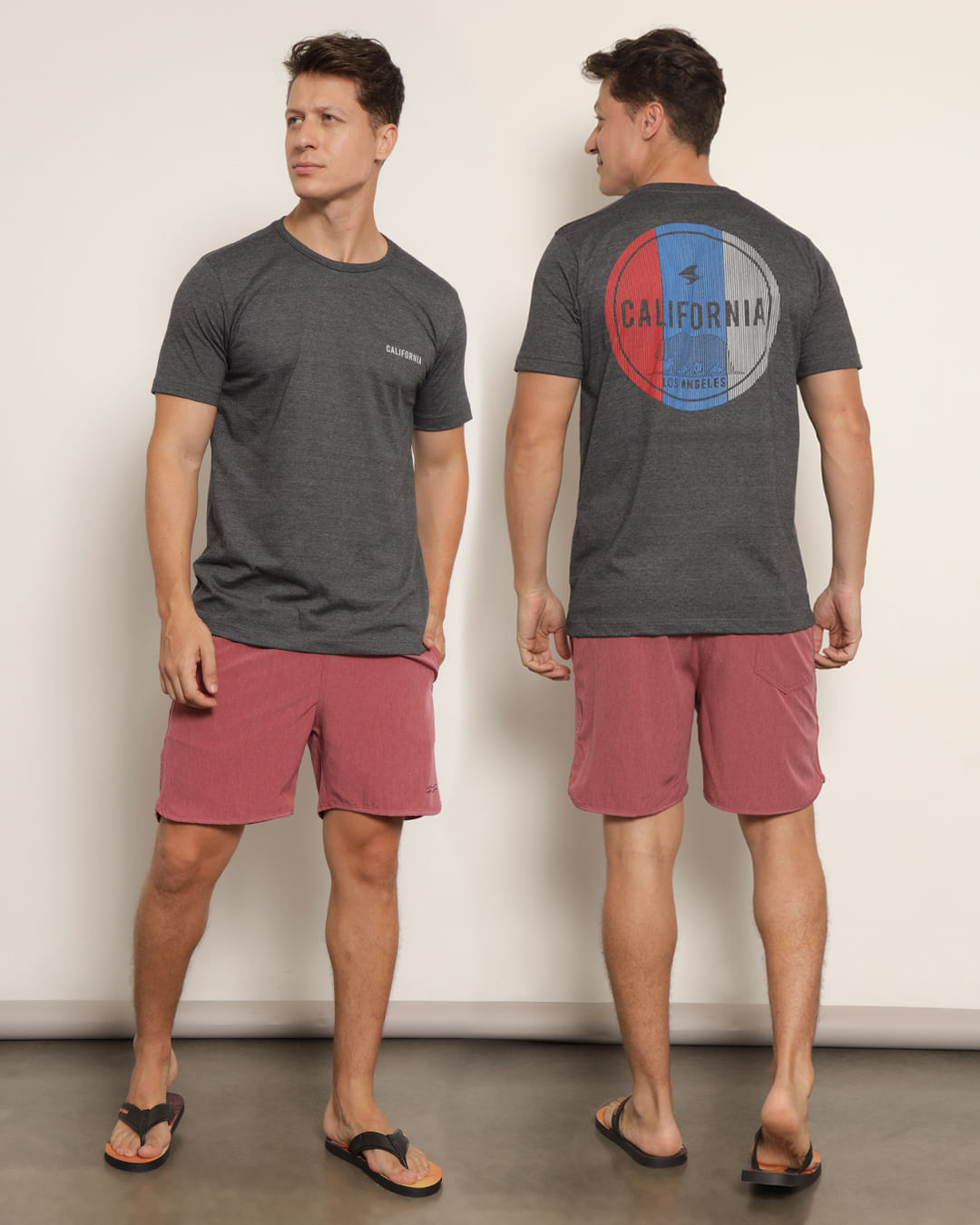 ​Camiseta-Masculina-Surf-Manga-Curta-Mescla-com-Estampa-Frente-e-Costas-Cinza​