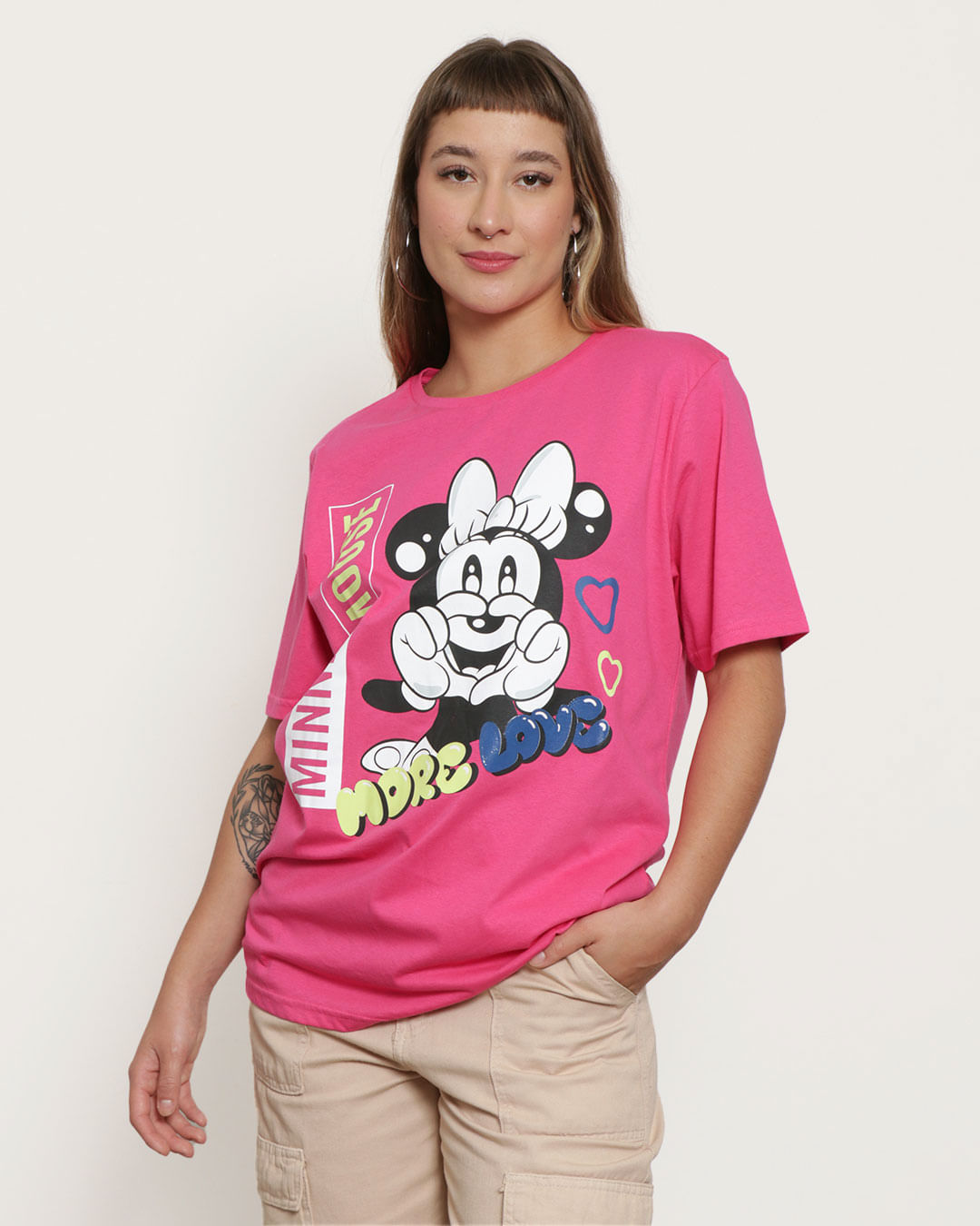 Camiseta-Feminina-Disney-Minnie-Manga-Curta-Estampa-Frontal-Rosa