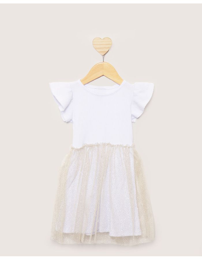 Vestido-Bebe-Curto-Canelado-Sobreposicao-De-Tule-Com-Glitter-Branco