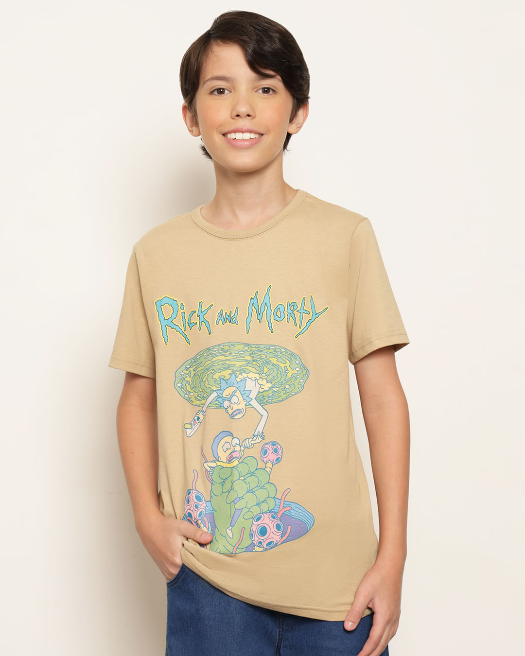 Camiseta Juvenil Warner Rick E Morty Manga Curta Bege