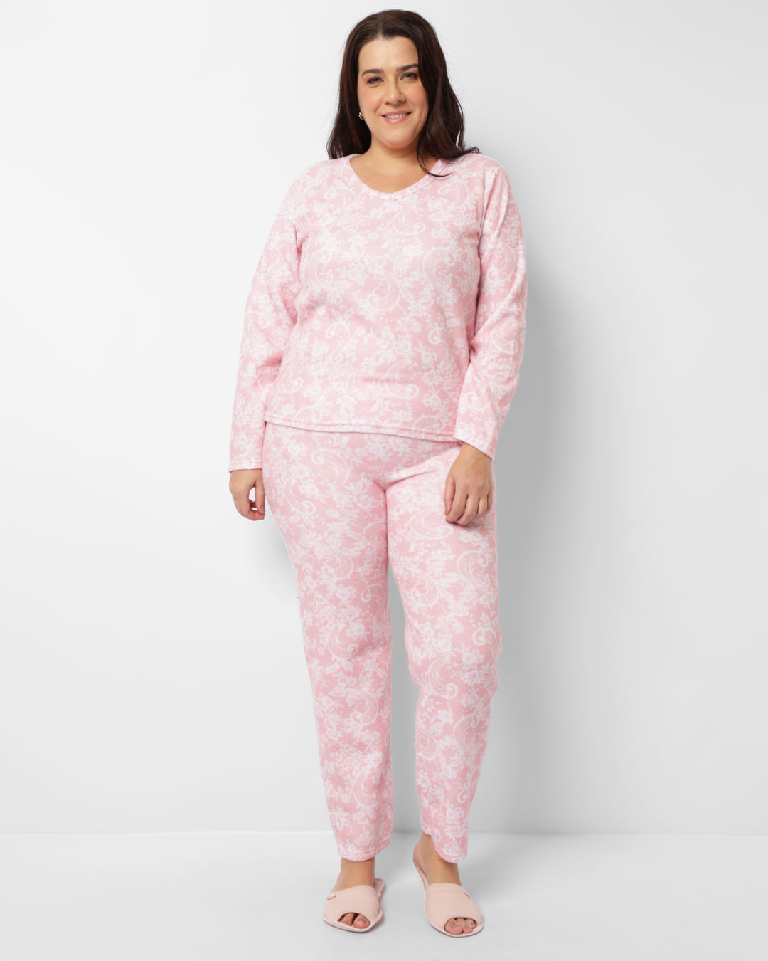 Pijama-Plus-Size-Feminino-Longo-Soft-Com-Estampa-Floral-Rosa