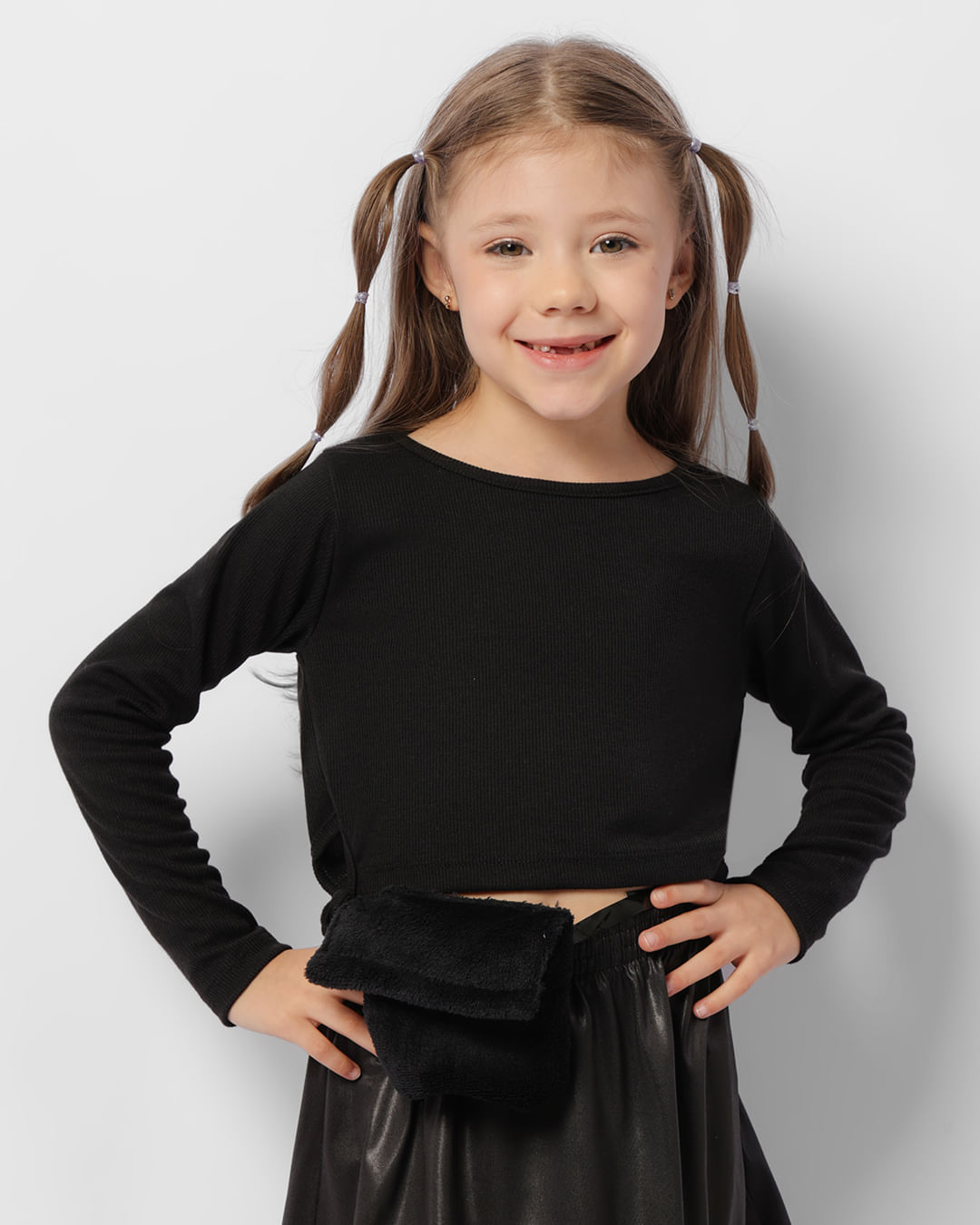 Blusa Infantil Canelada Cropped Amarração Lateral Preta