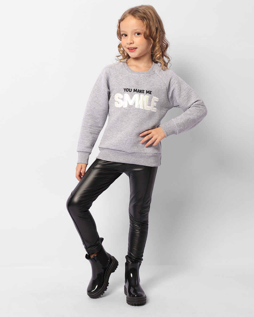 Calça Legging Infantil Cirrê Recortes Com Aplicação Preta