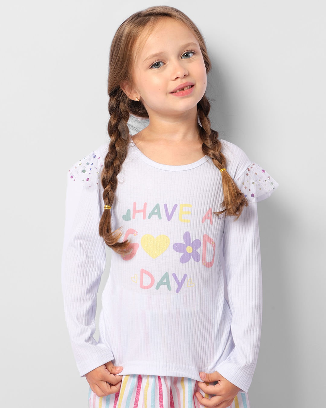 Blusa Infantil Canelada Estampa Manga Longa Com Tule Branca