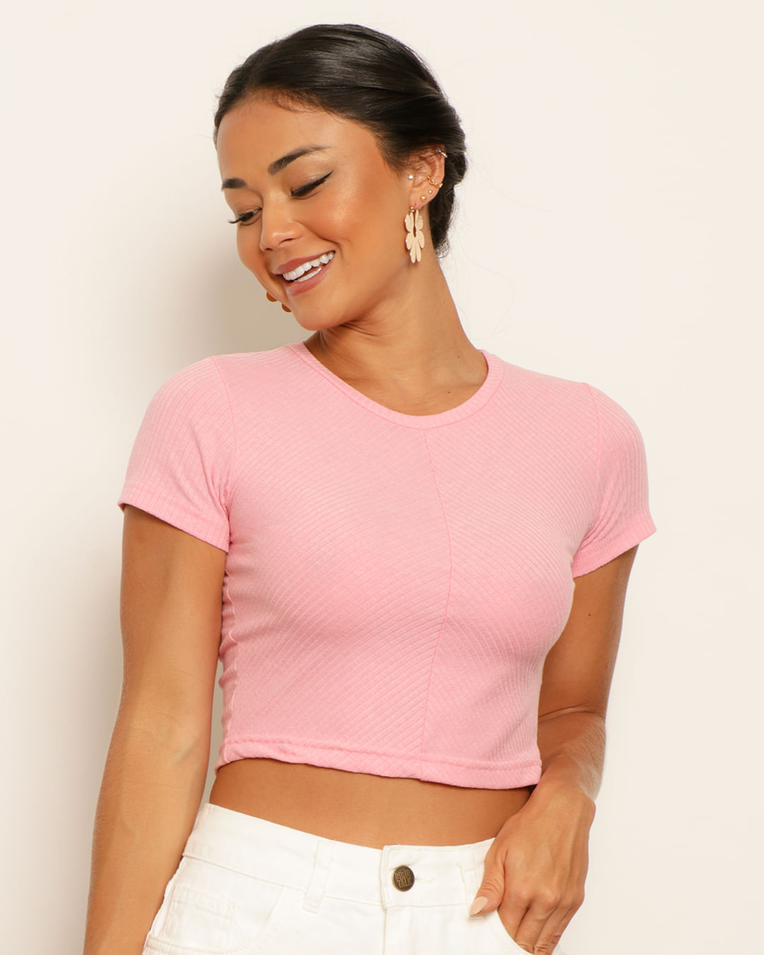 Blusa-Feminina-Cropped-Manga-Curta-Canelada-Rosa