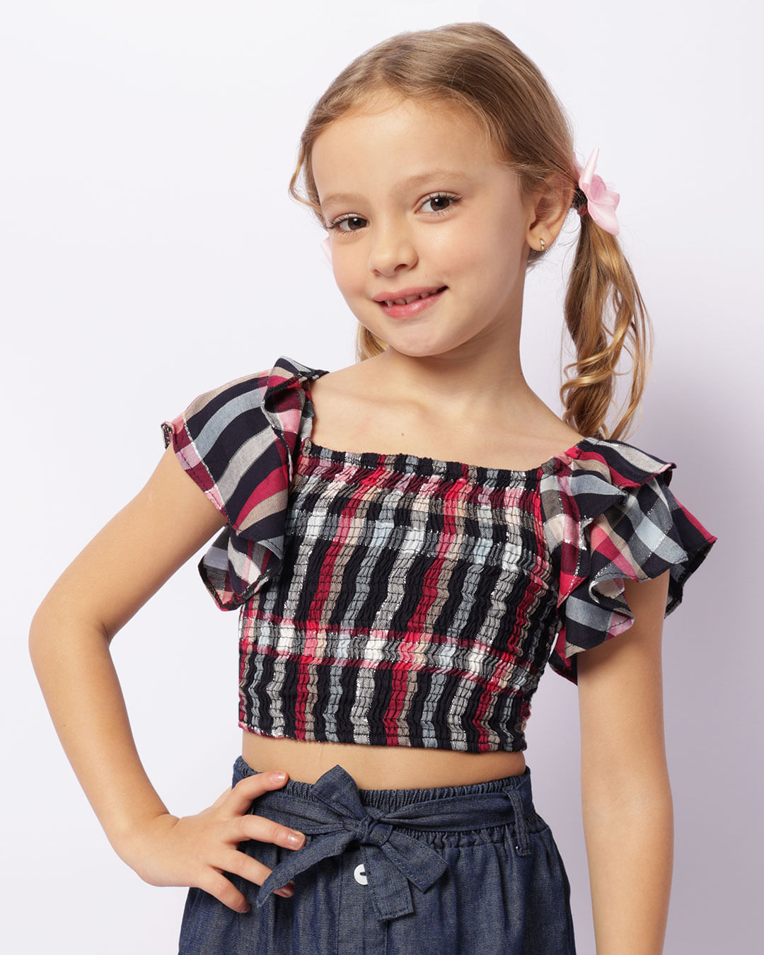 Blusa Infantil Cropped Lastex Estampa Xadrez Marinho