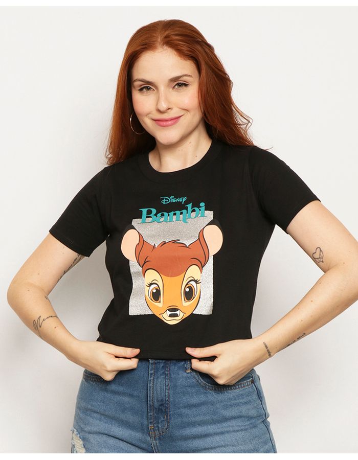 Camiseta-Feminina-Cropped-Disney-Bambi-Manga-Curta-Preta