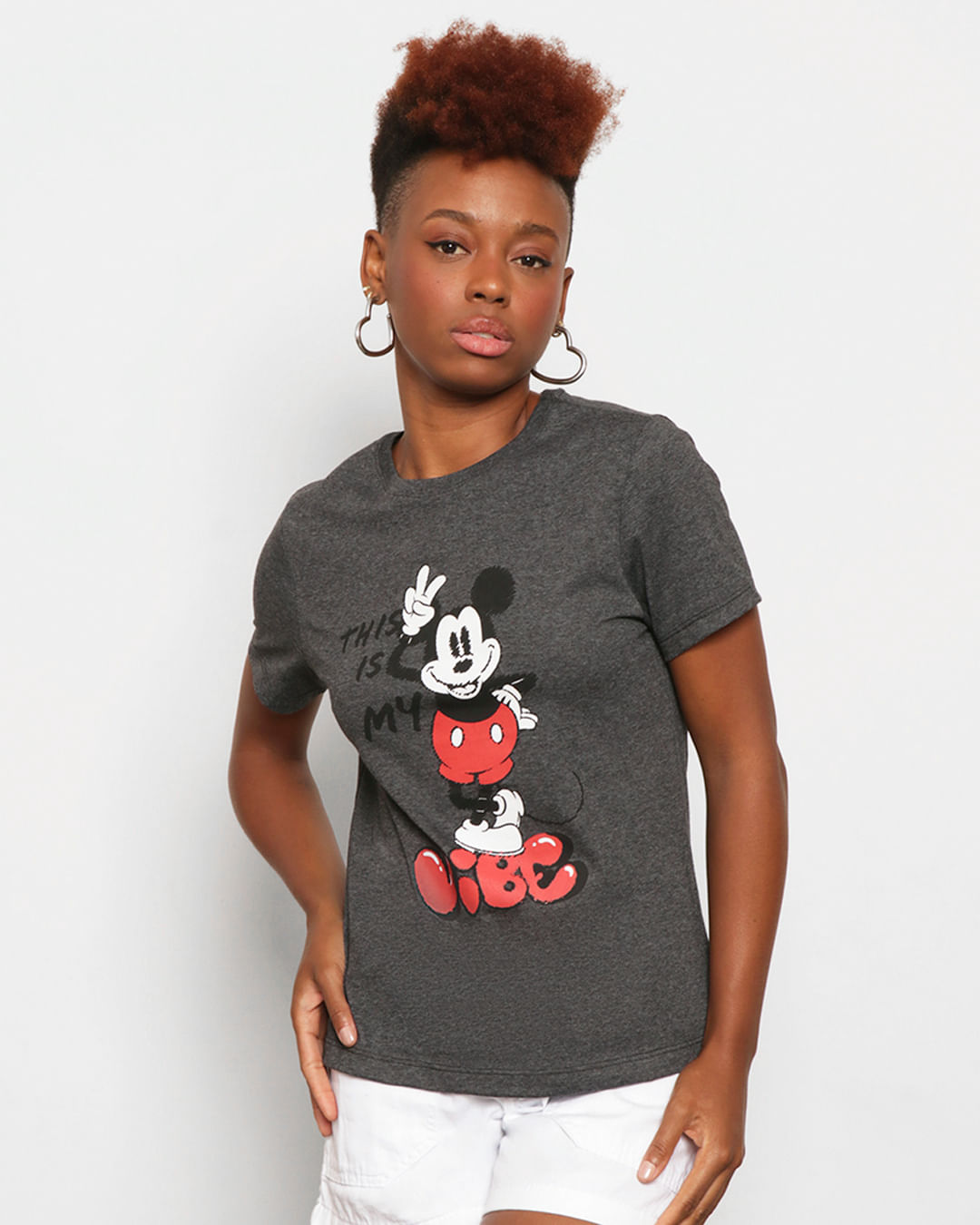 Camiseta-Feminina-Disney-Mickey-Manga-Curta-Mescla-Cinza