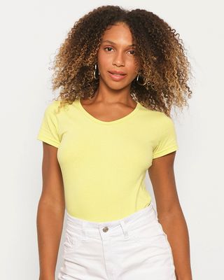 Blusa-Feminina-Manga-Curta-Basica-Decote-V-Verde-Neon