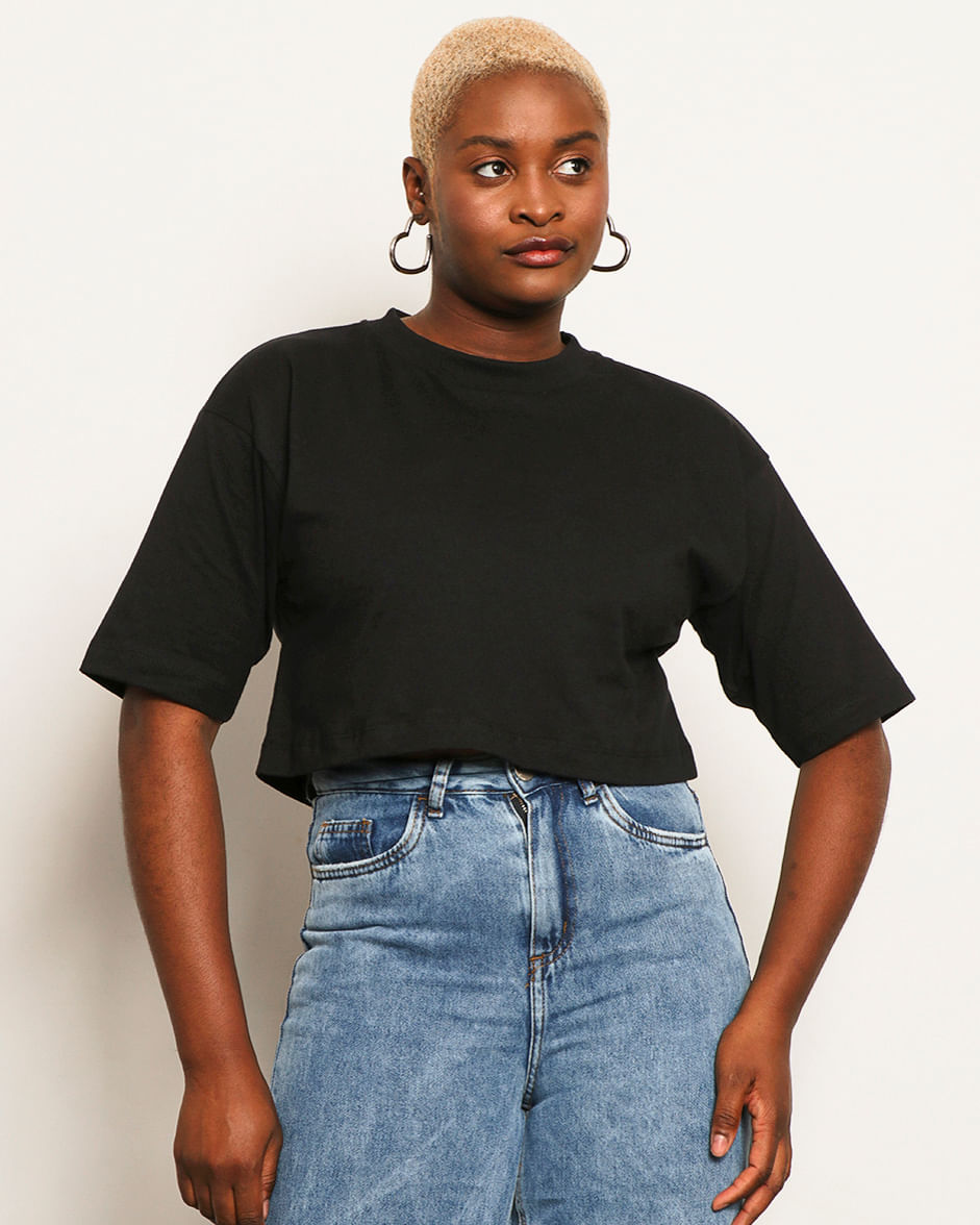 Blusa Feminina Cropped Básica Manga Curta Preta