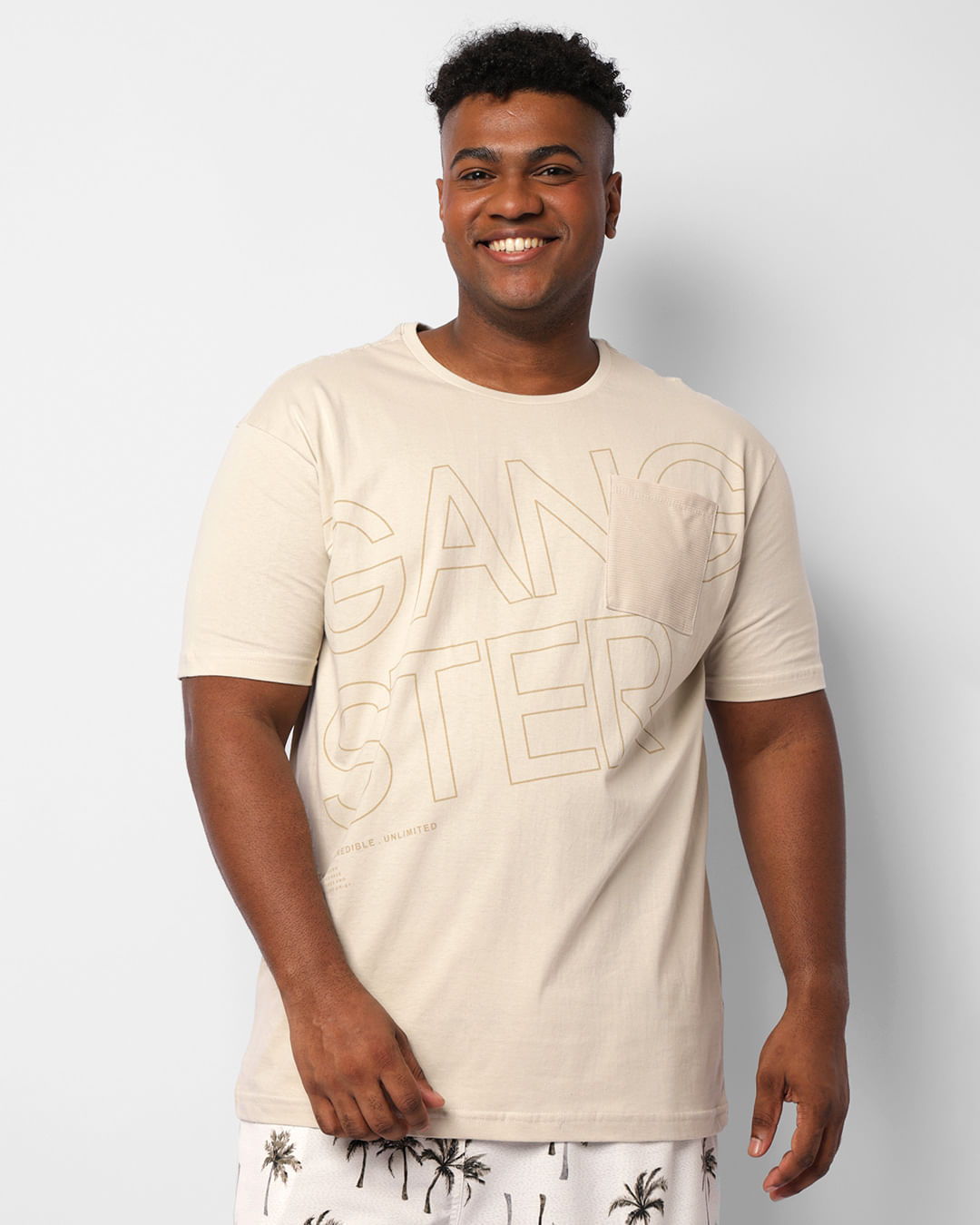 Camiseta Plus Size Masculina Gangster Manga Curta Bege