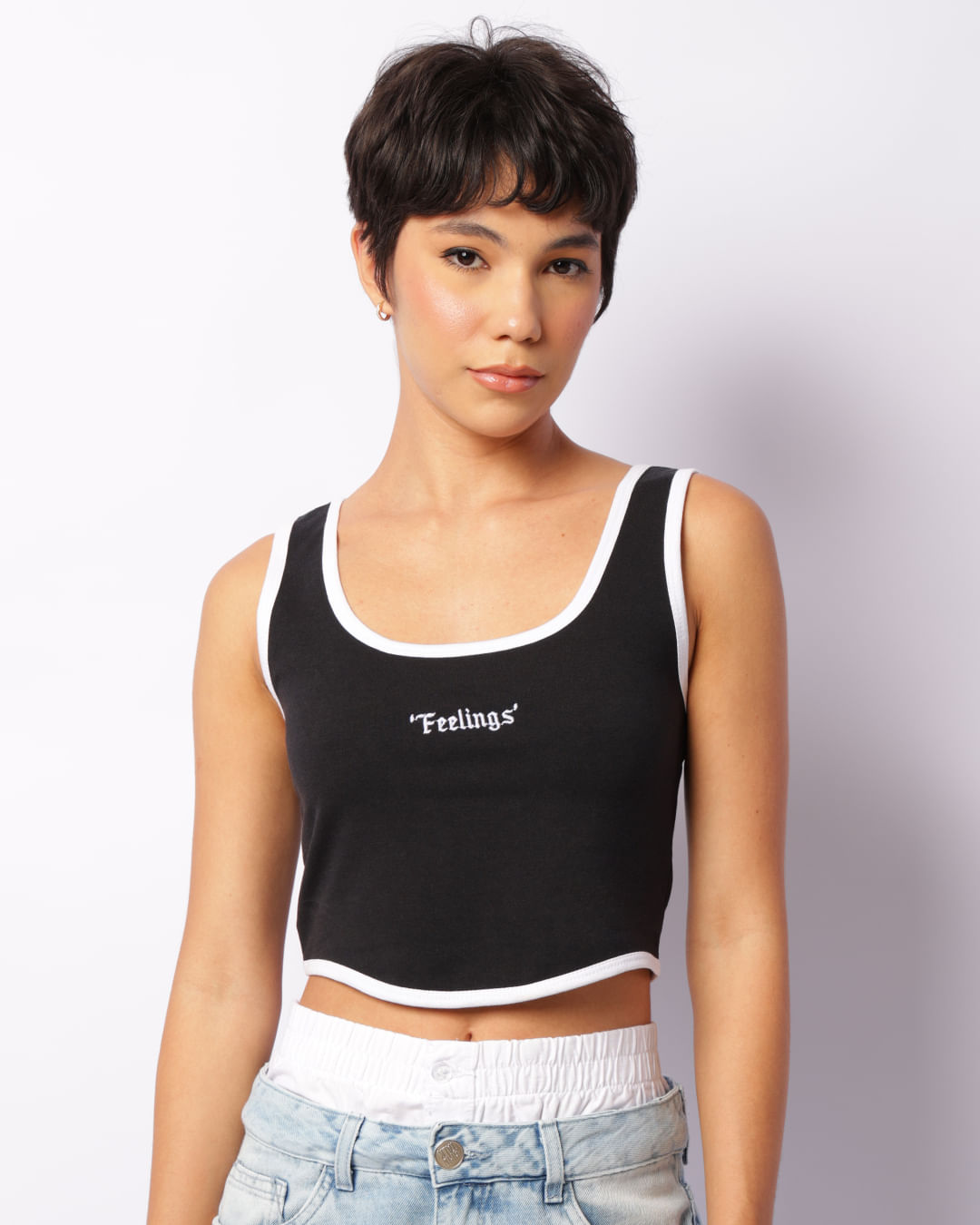 Regata Feminino Cropped Moletinho Com Bordado Escrita Preto