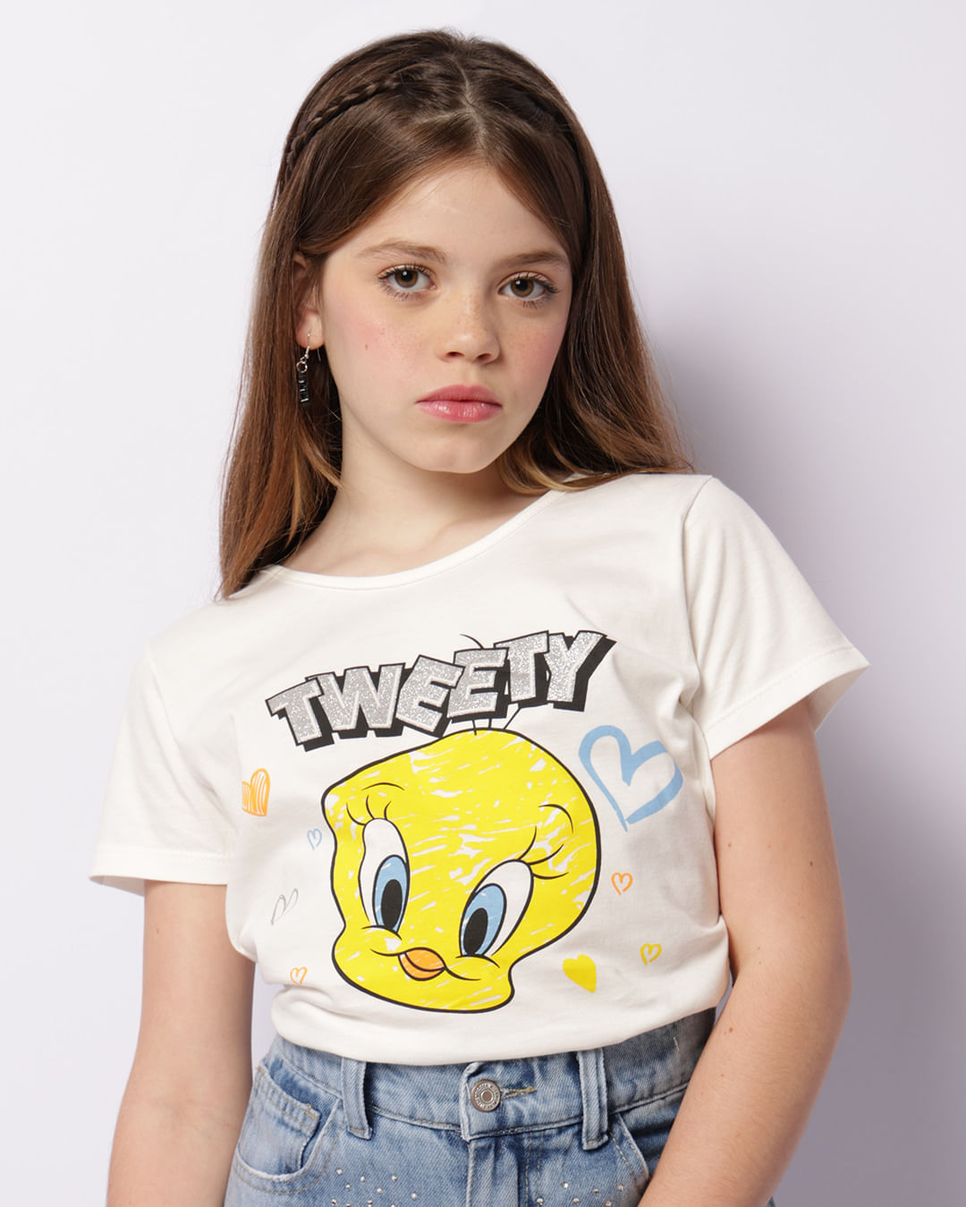 Camiseta Juvenil Warner Piu Piu Manga Curta Off White