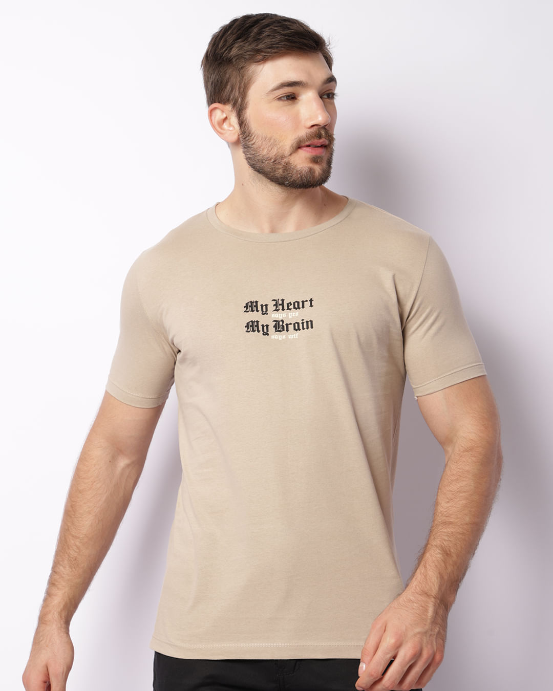 Camiseta Masculina Estampa Escrita Manga Curta Bege