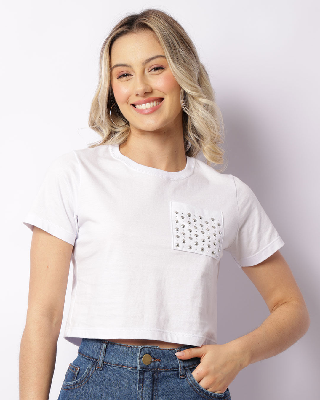 Blusa Feminina Cropped Com Bolso Aplique Taxas Branca