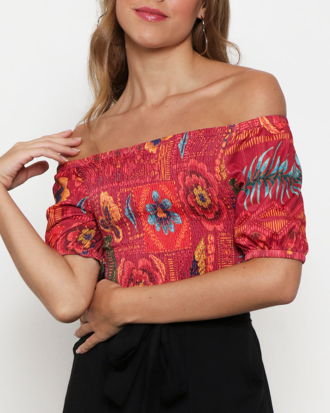 Blusa-Feminina-Cropped-Ciganinha-Lastex-Vermelho-Floral