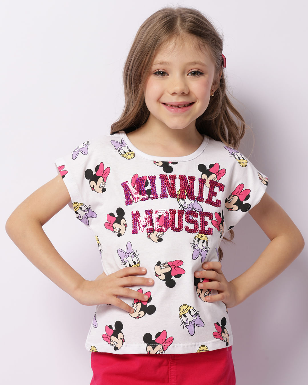 Camiseta Infantil Disney Minnie Paetê Bordado Manga Curta Branca