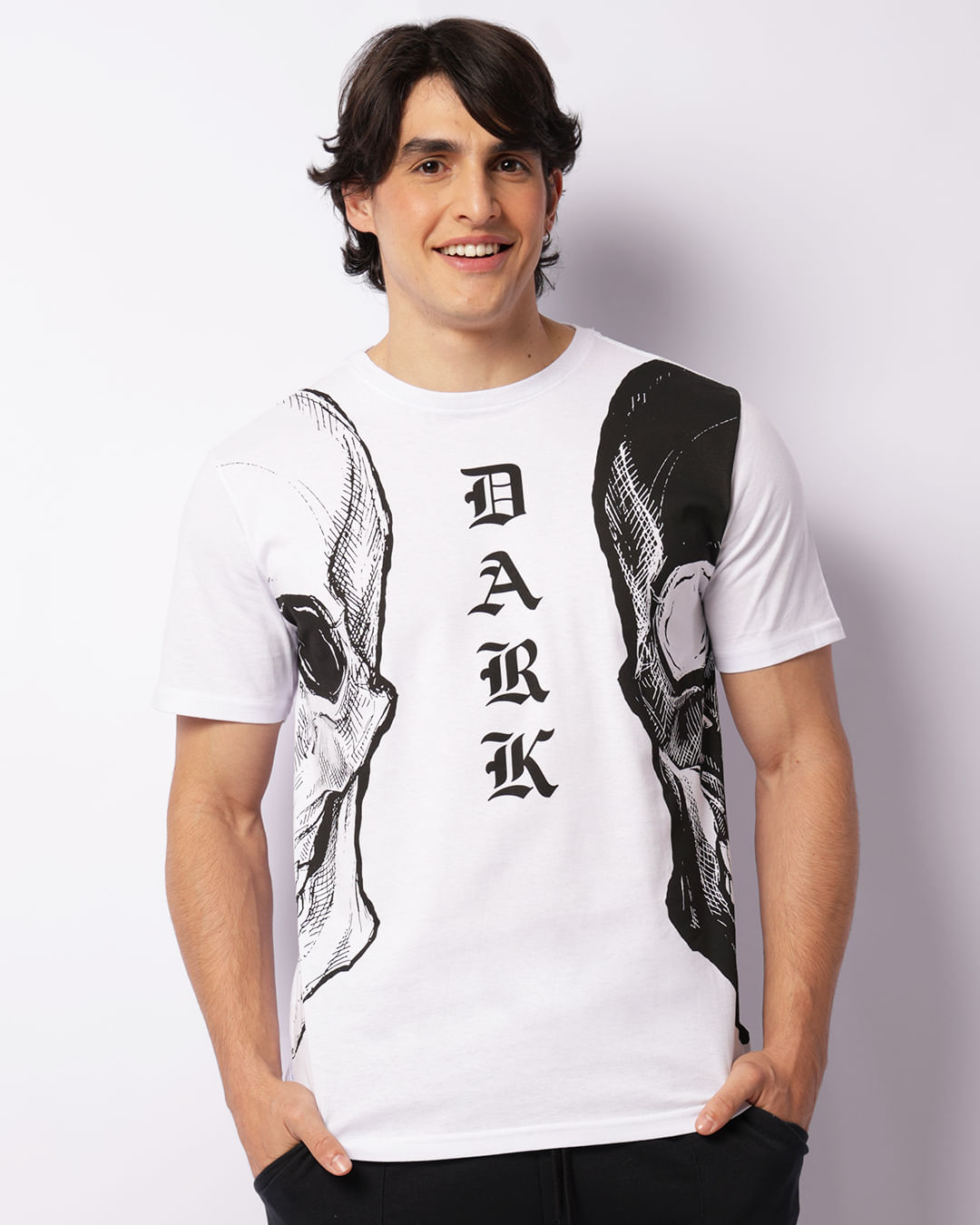 Camiseta Masculina Estampa Caveira Manga Curta Branca