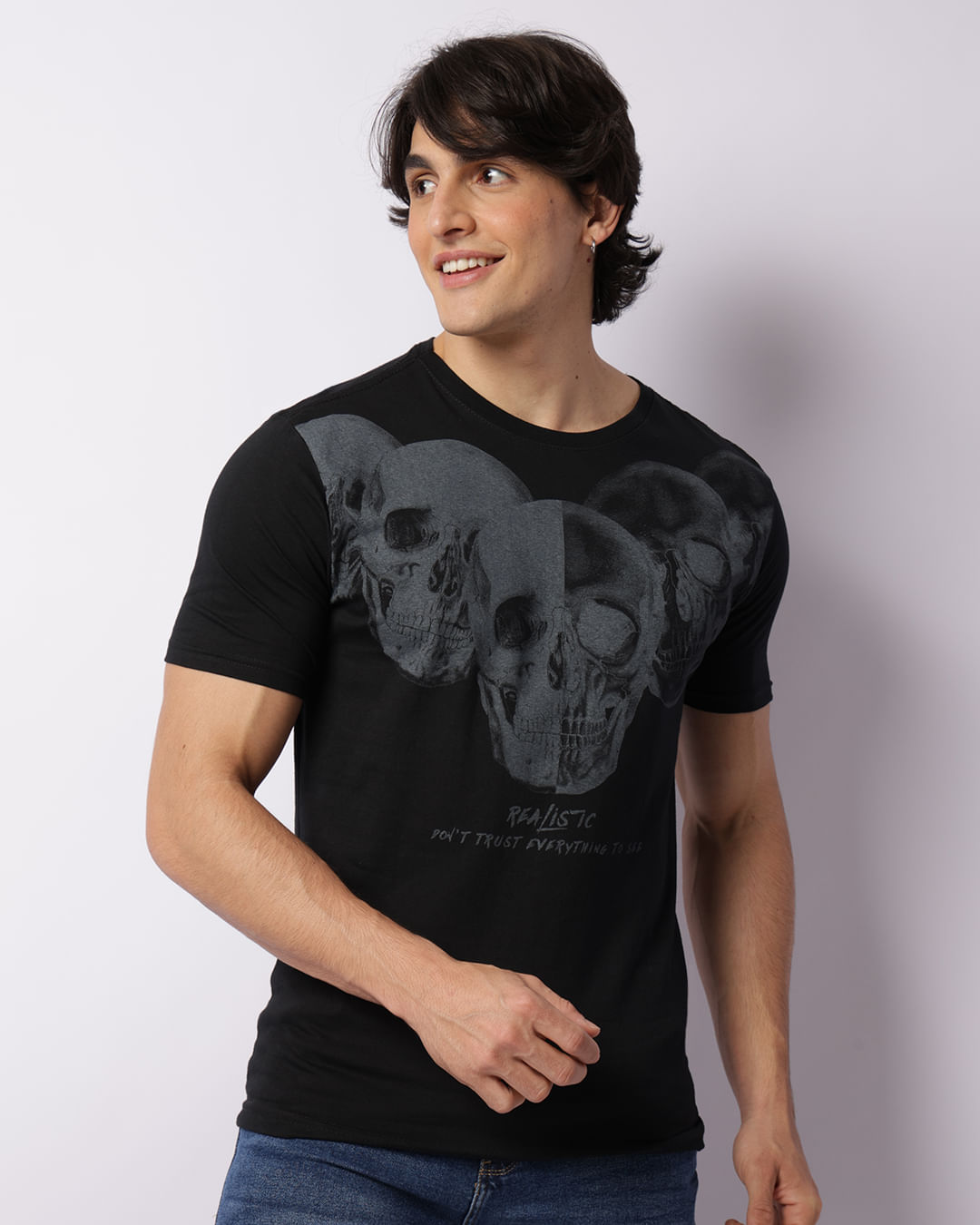 Camiseta Masculina Estampa Caveiras Manga Curta Preta