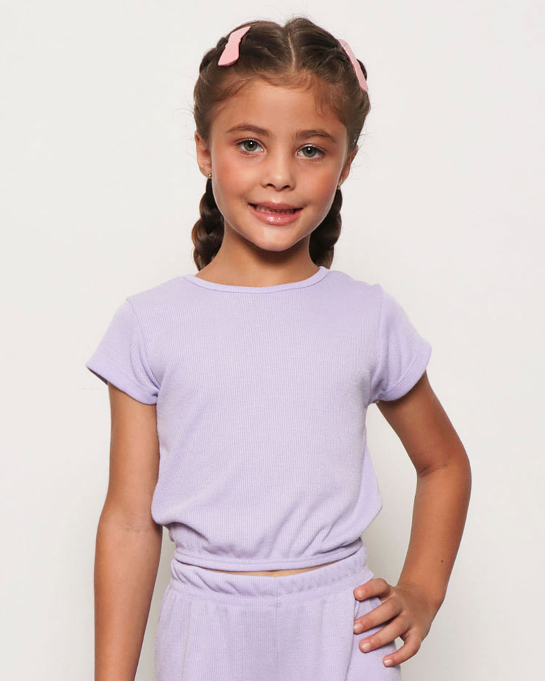 Blusa Infantil Cropped Manga Curta Canelada Elástico Na Barra Lilás