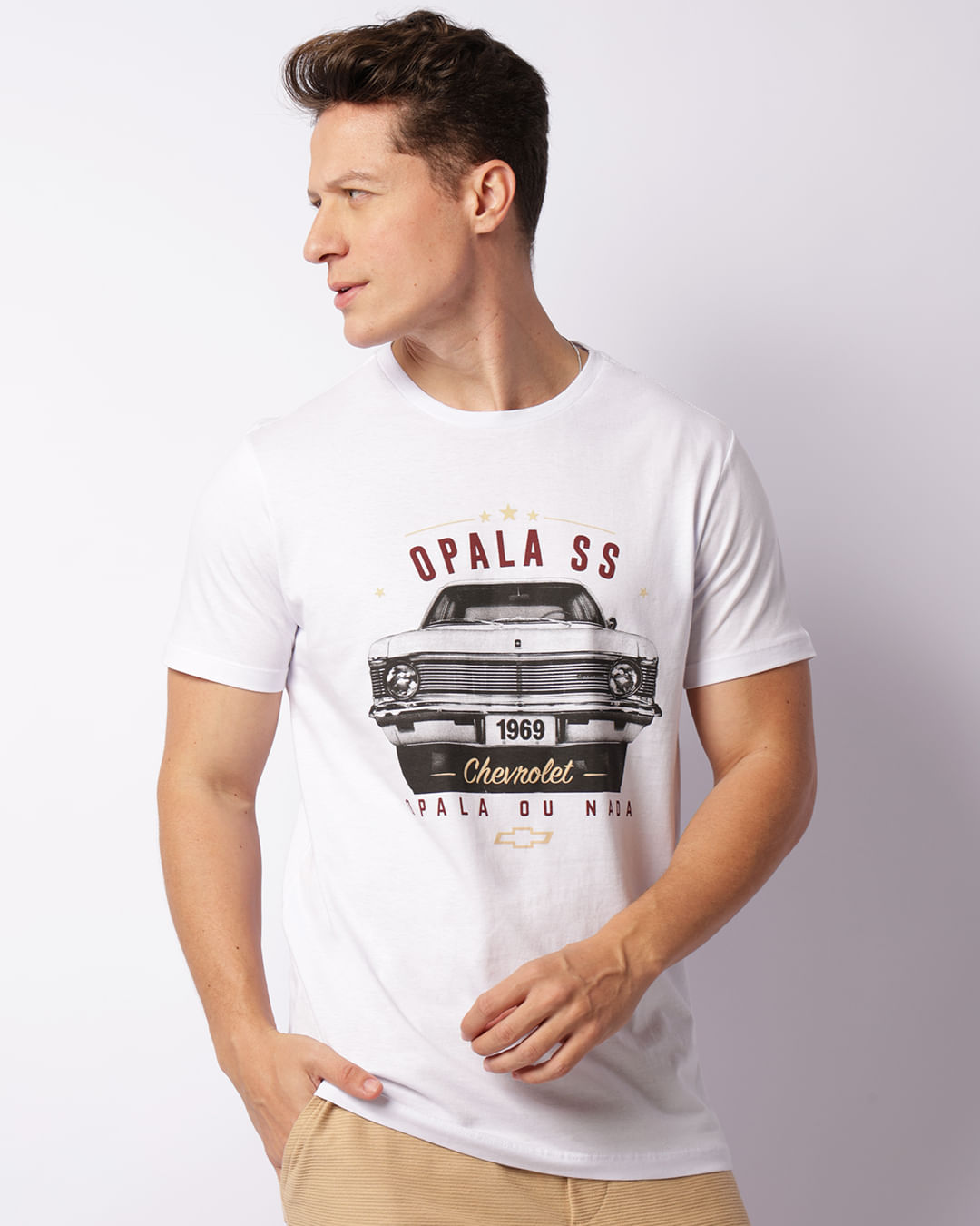 Camiseta Masculina Estampa Opala SS Chevrolet Manga Curta Branca